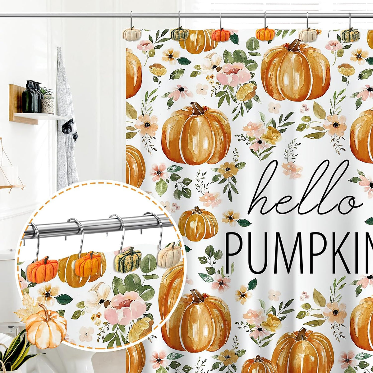 Reallnaive 12 Pcs Pumpkin Fall Shower Curtain Hooks Farmhouse, Green