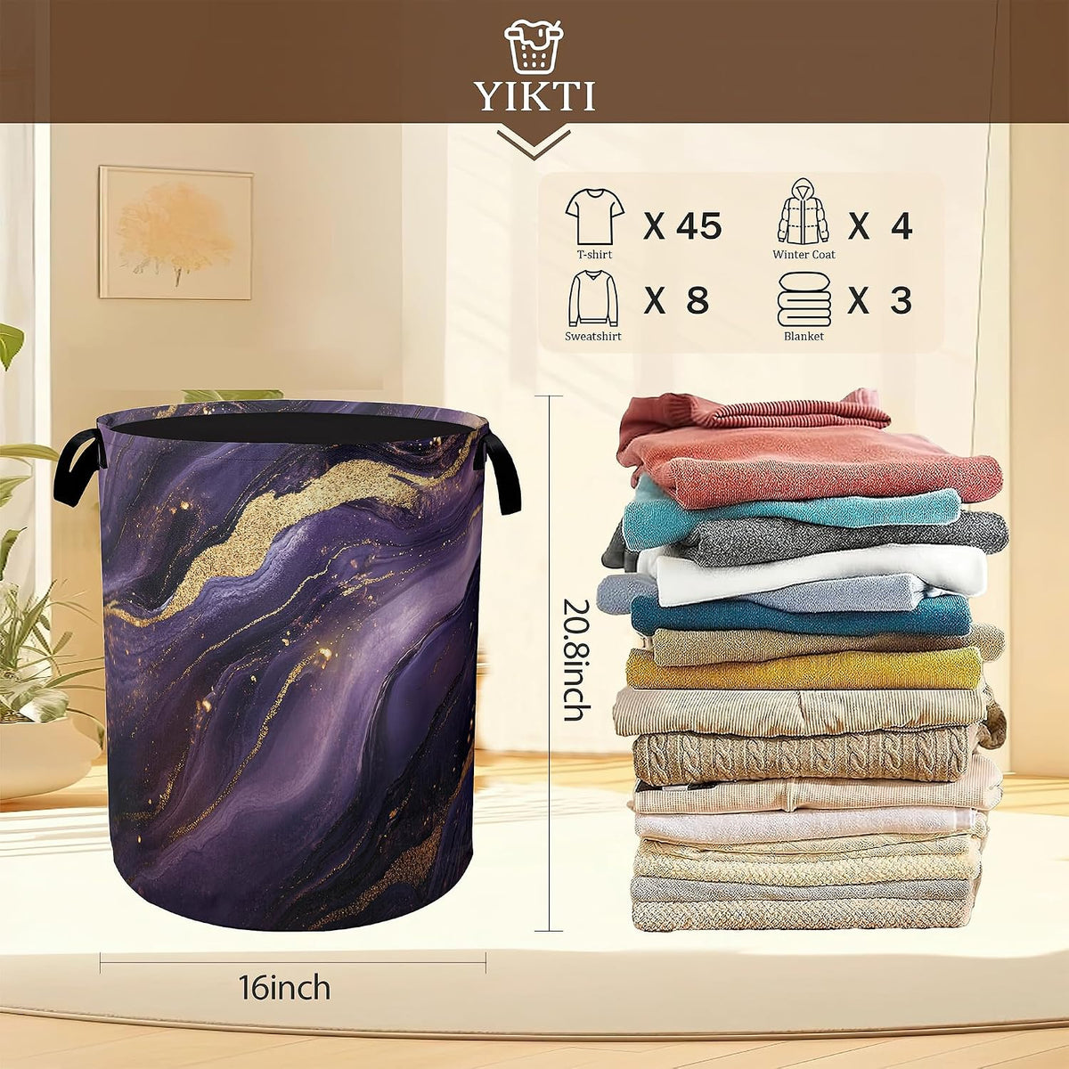 Purple Gold Marble Laundry Hamper,Modern Abstract Collapsible Laundry Baskets,Waterproof Oxford Cloth Laundry Room Organization for Bedroom,Bathroom,Nursery,16x20 Inch
