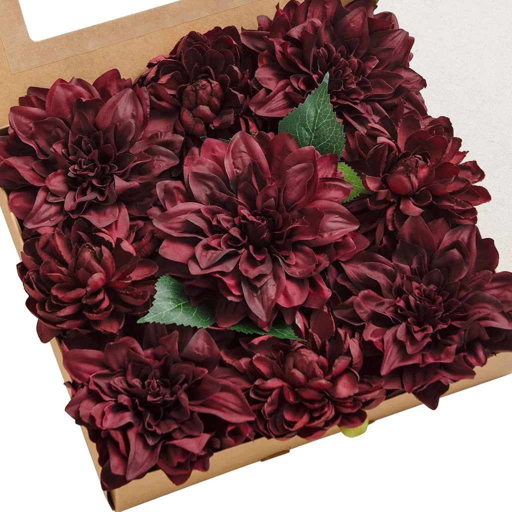 Ling's moment Burgundy Artificial Dahlias, Silk Wedding Flowers, 9 pcs