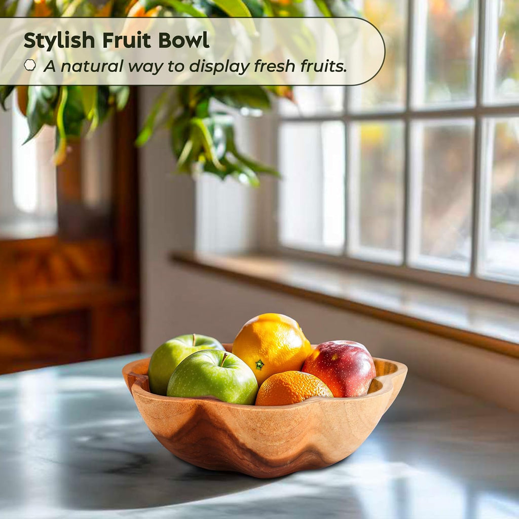 Decorative Wooden Bowl, Fruit Bowl for Kitchen Counter, Teak Wood Decor
