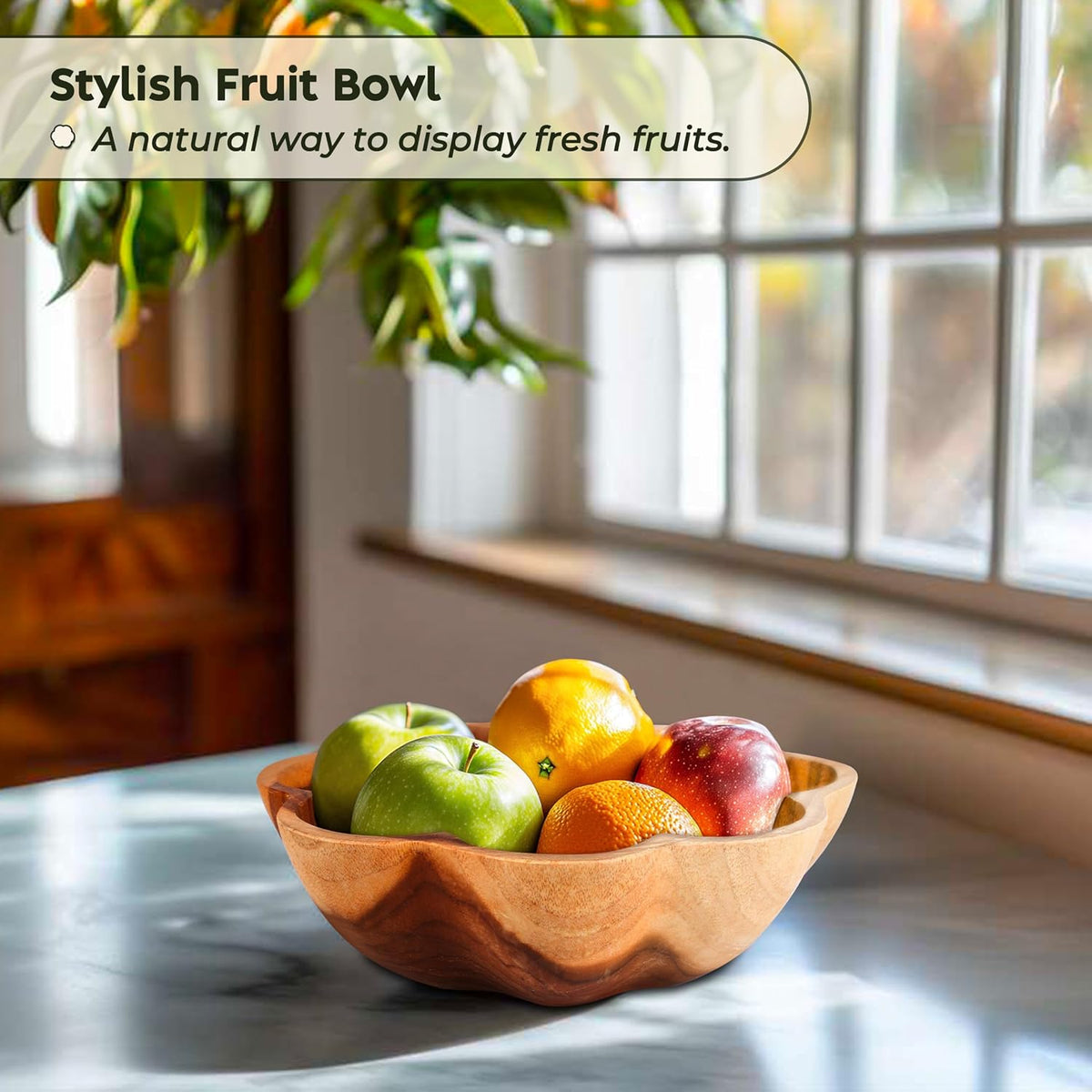 Decorative Wooden Bowl, Fruit Bowl for Kitchen Counter, Teak Wood Decor