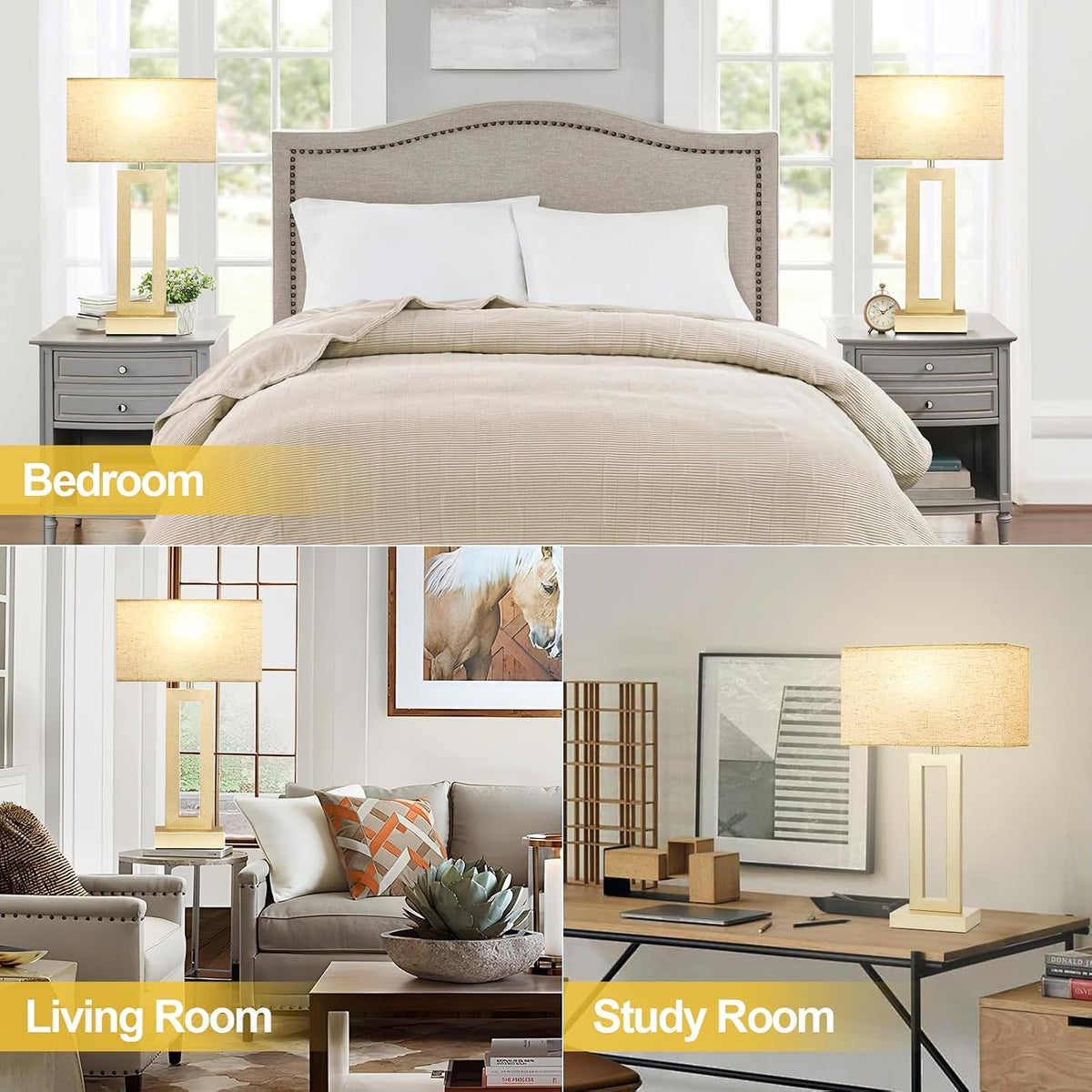 Seealle 22" Tall Bedroom Lamps for Living Room - Touch Gold Bedside Lamps with USB C+A, 3 Way Dimmable Lamp for Nightstand, Modern Night Stands Lamps for End Tables(Beige&Gold)