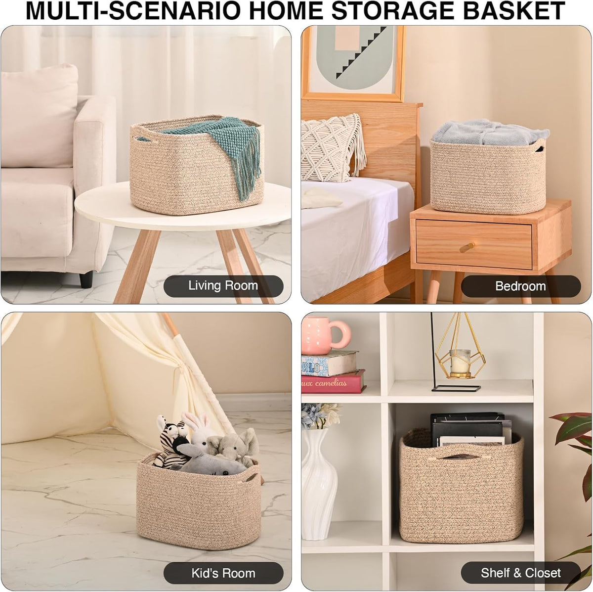 ICERZCZ Woven Cotton Rope Storage Basket for Organizing, Cute Decorative Baskets for Gifts Empty, Organizer Bins for Dog Toy, Baby Laundry, 15“×11”×9.5“, Brown