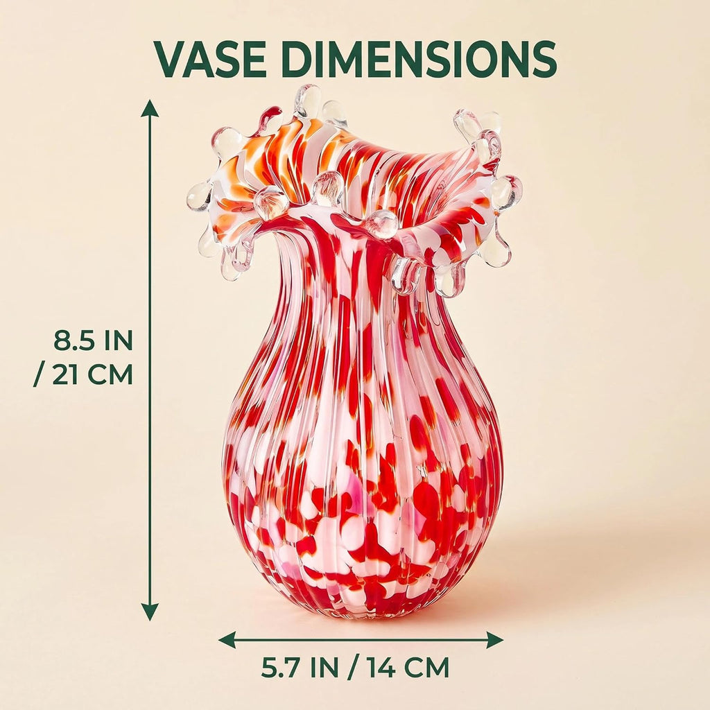 Hand Blown Glass Vase for Flowers, 8 Inch Red Crystal Bubble Flower Vases