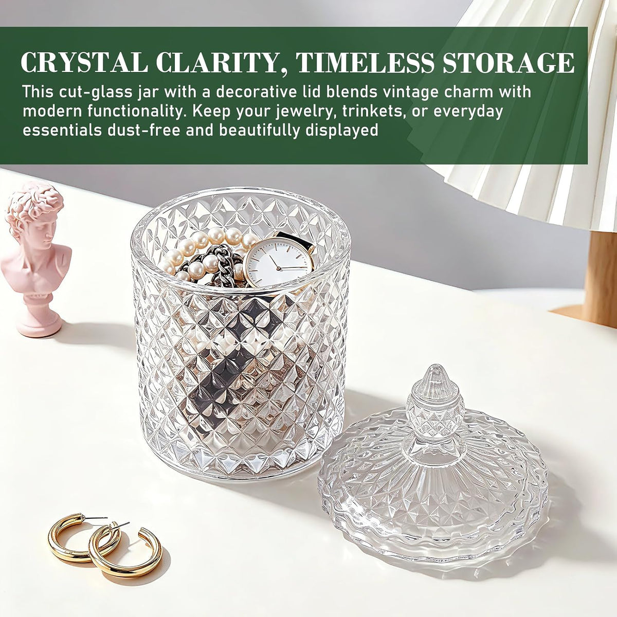 4 Pack Crystal Glass Apothecary Jars with Lids, Qtip Holder Set