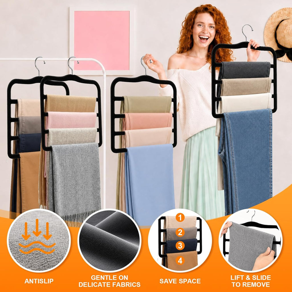 Velvet Pants Hangers Space Saving, Multi-Tier Closet Organizers for Jeans Trousers Skirts Scarves, Non-Slip Vertical Storage for College Dorm & Apartment Essentials (4 Pack-Black)