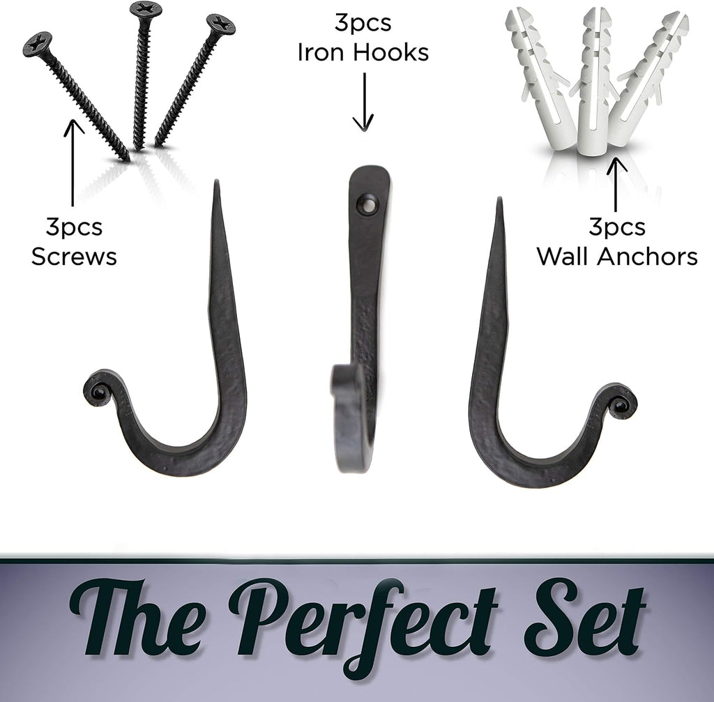 Decorative Wrought Iron Wall Hooks, Heavy Duty, Set of 3