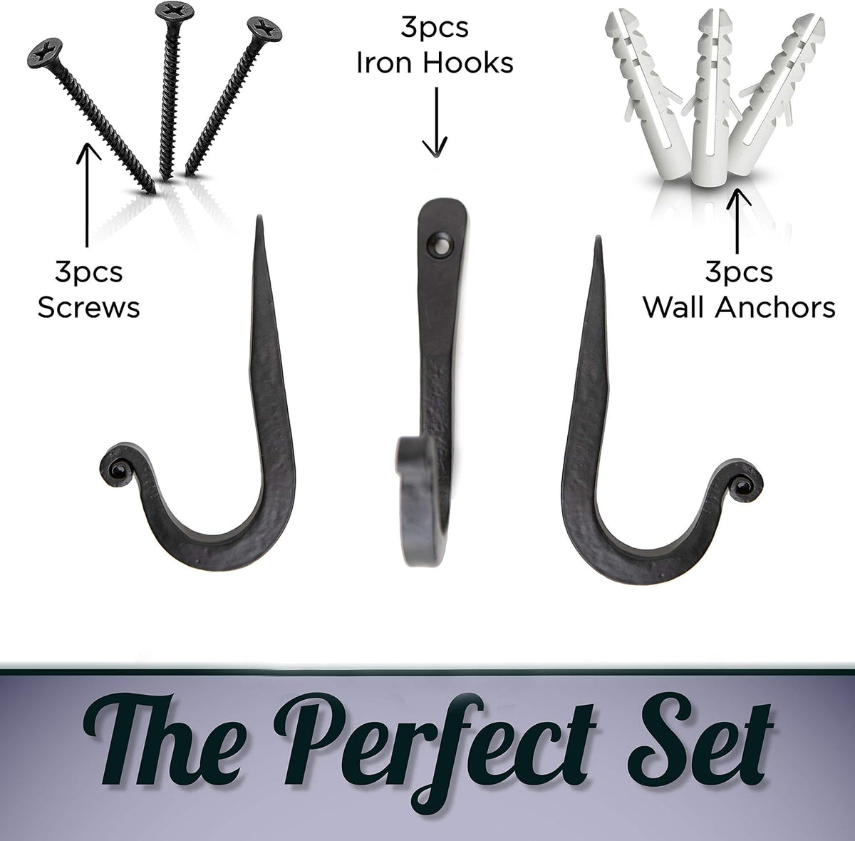 Decorative Wrought Iron Wall Hooks, Heavy Duty, Set of 3