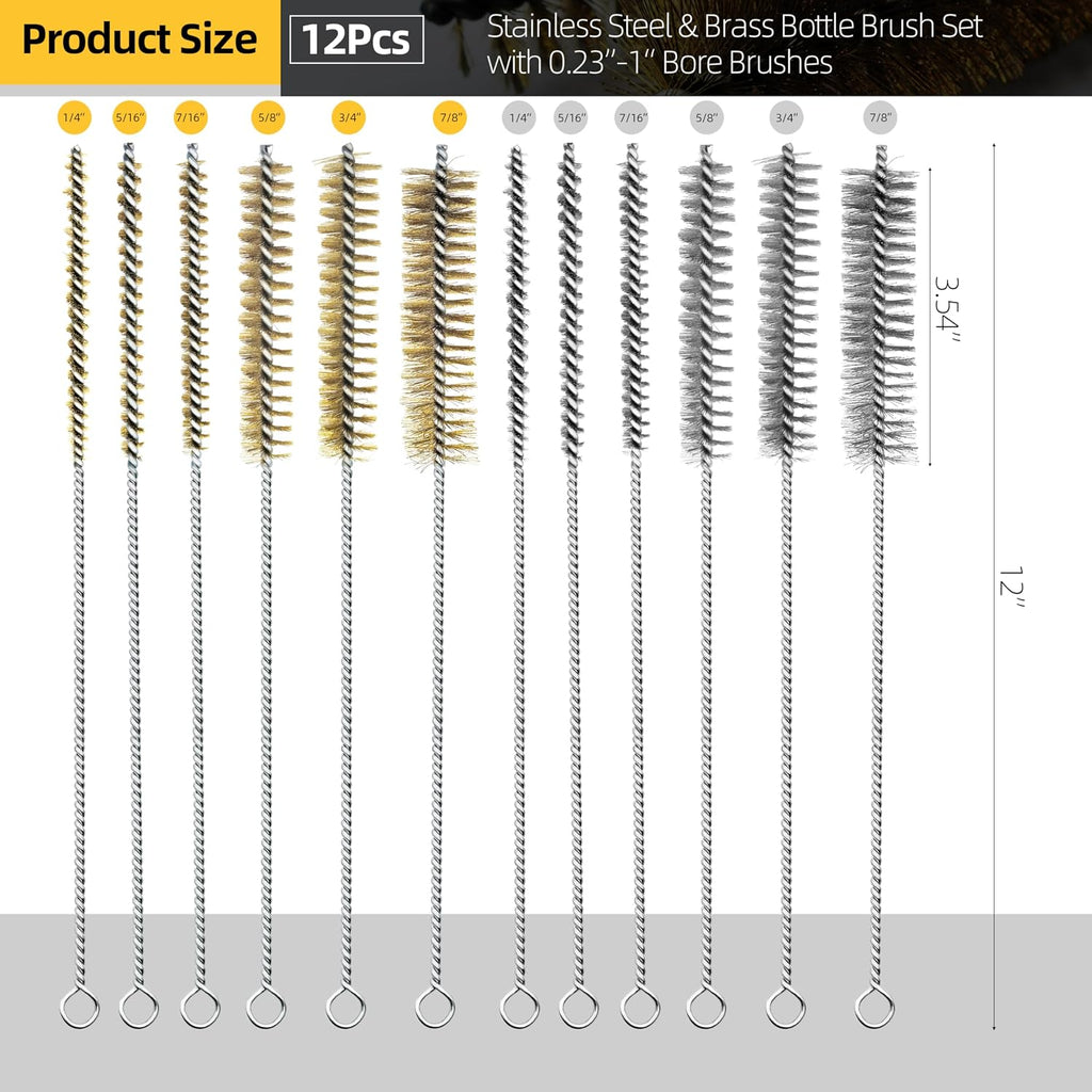 12Pcs Stainless Steel & Brass Wire Tube Brushes Bottle Brush Set