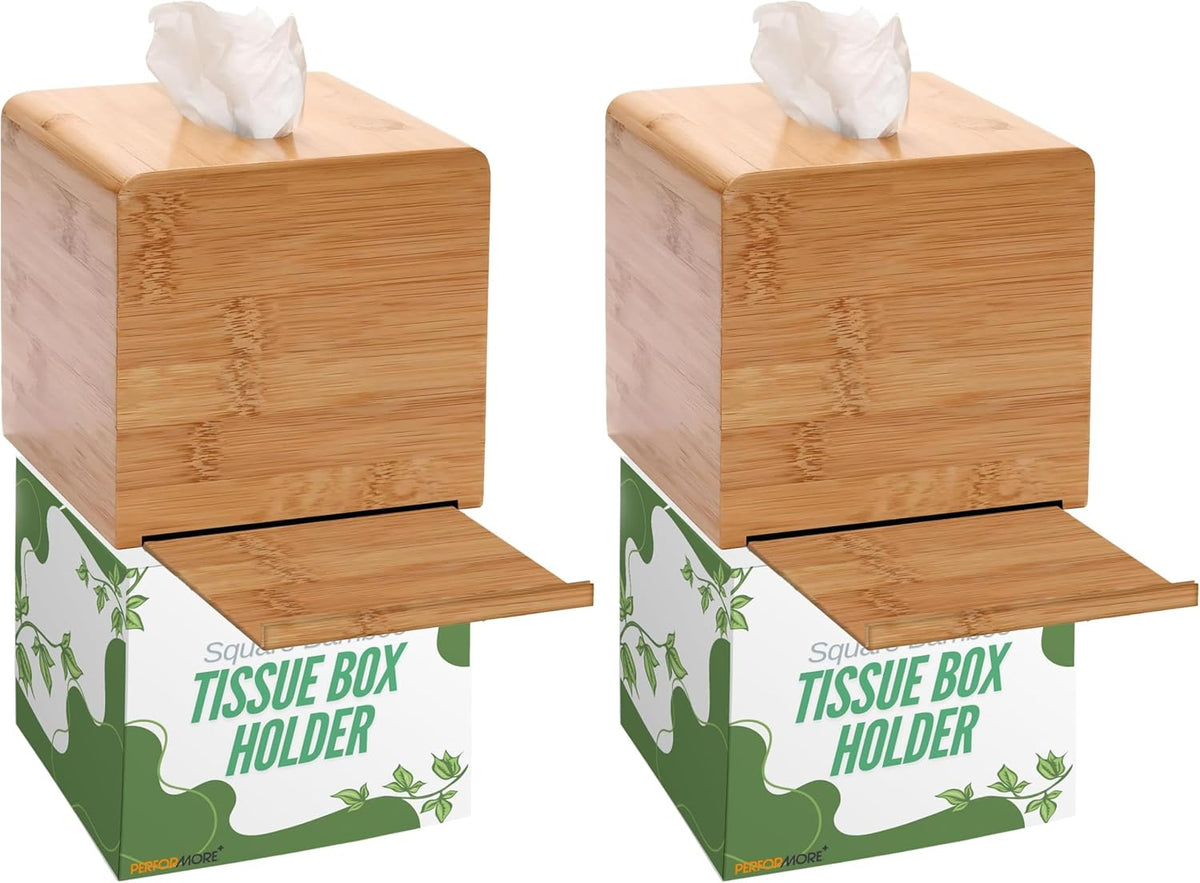 Performore Square Bamboo Tissue Box Cover - Stylish Water-Resistant Wooden Facial Tissue Holder for Bathroom, Office Desk & Nightstand - Compact 16"x14"x14" Design (Pack of 2)