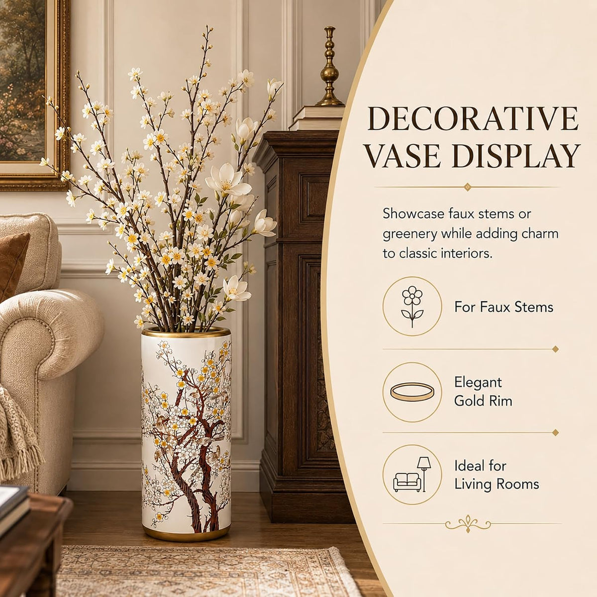 Ceramic Umbrella Stand for Entryway, Decorative Indoor Umbrella Holder with Gold Rim, Floor Vase Cane & Walking Stick Holder for Foyer Hallway Home Decor(Plum Blossom)