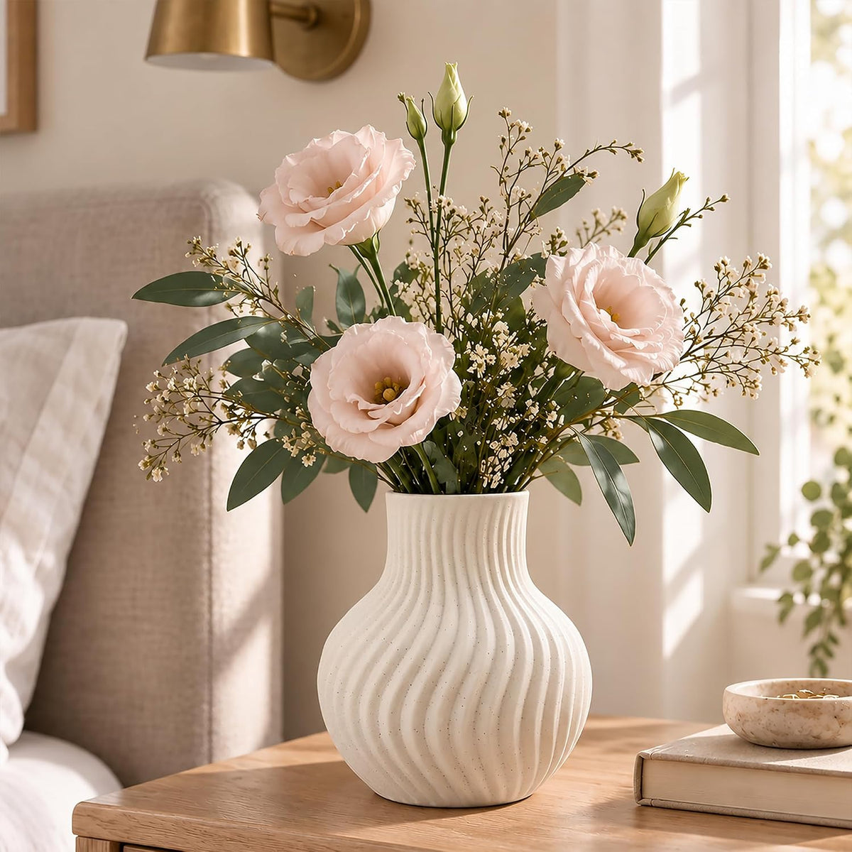 White Ceramic Flower Vase, Modern Ribbed Flower Vase for Pampas Grass