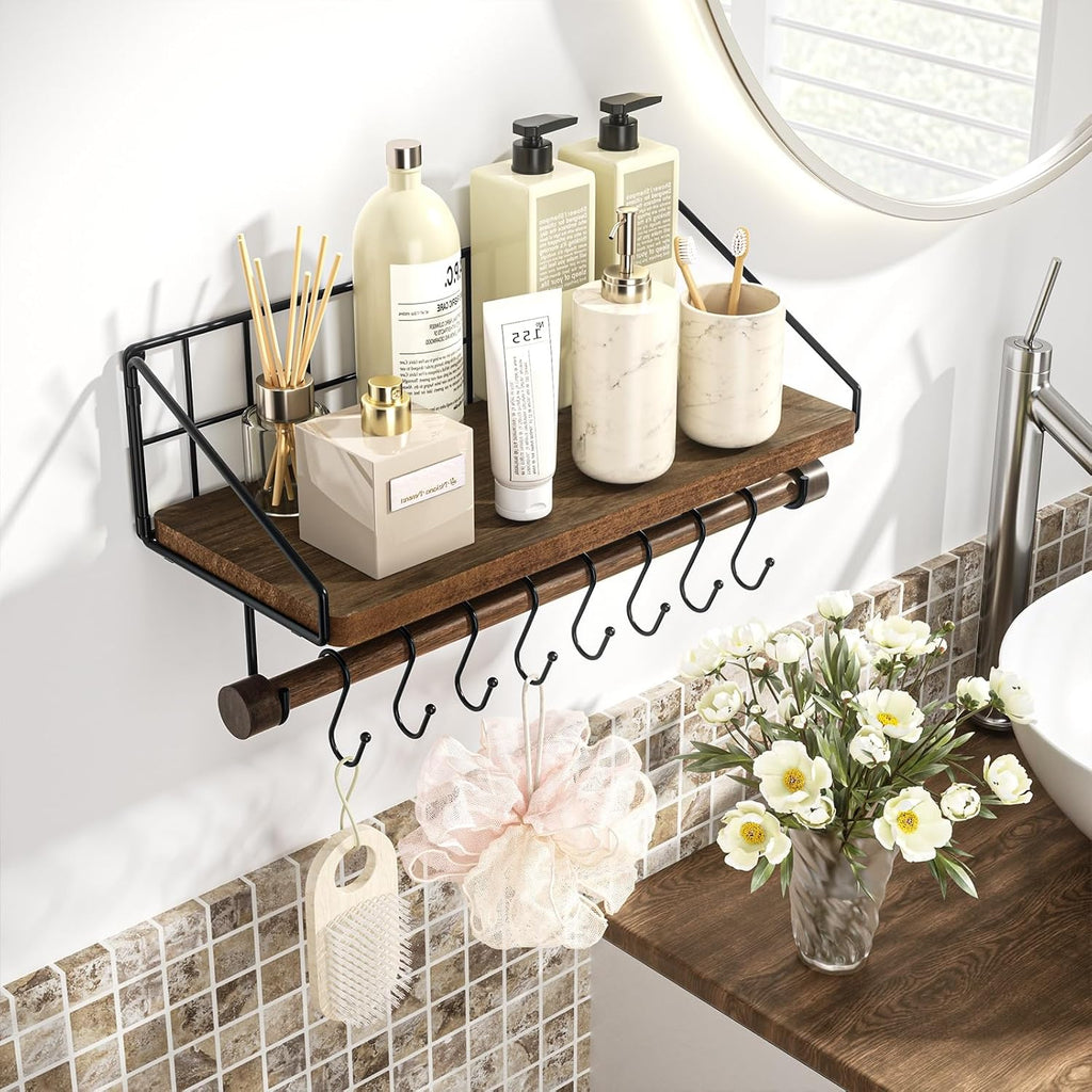 Alsonerbay Floating Shelf Coffee Bar Shelf with Towel Bar, Dark Brown