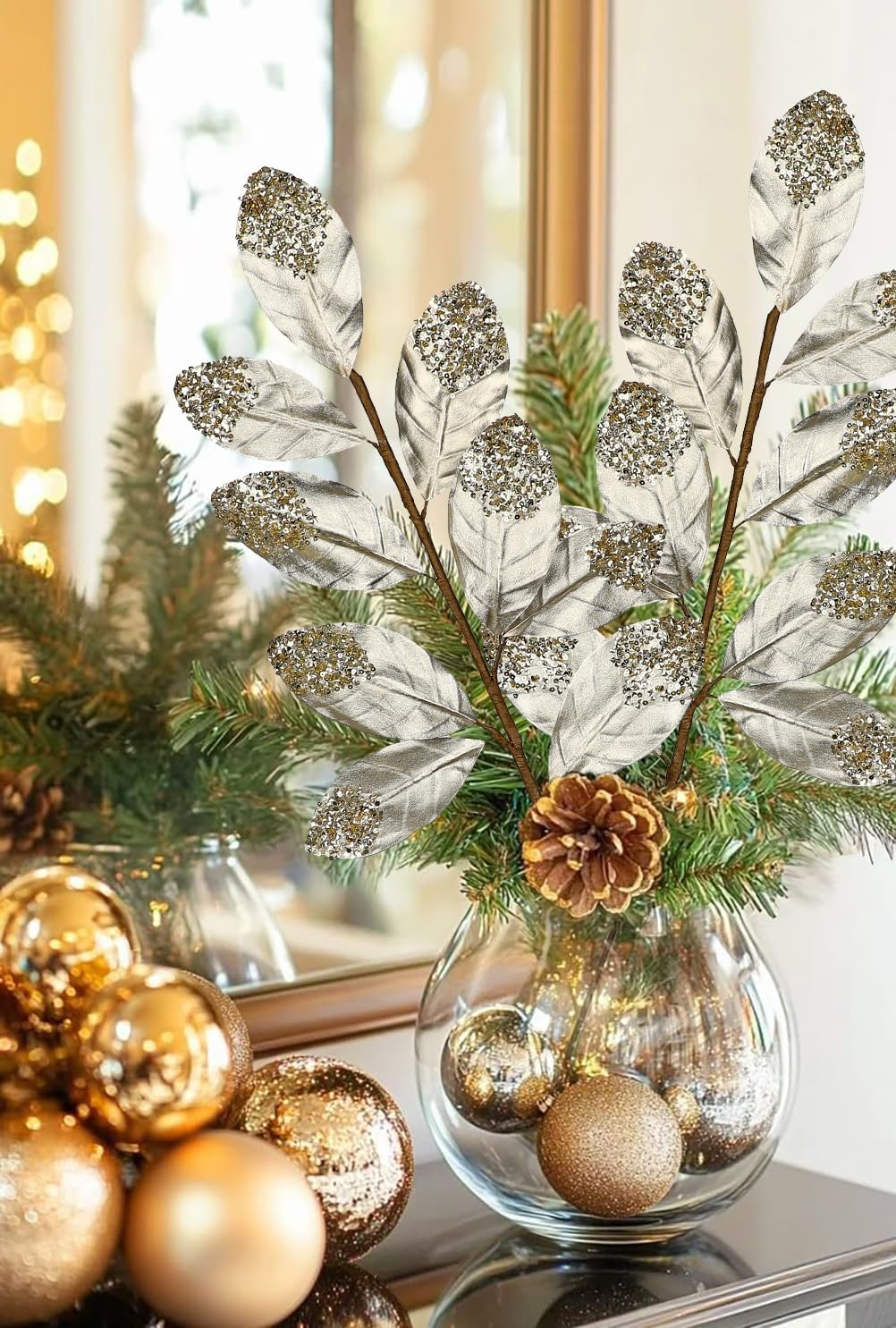 Hollyone Christmas Tree Picks and Sprays 3Pcs Champagne Artificial Magnolia Stems Magnolia Leaves Branches Fake Gold Leaf Floral for Vase DIY Xmas Tree Garland Wreath Centerpieces Wedding Decor