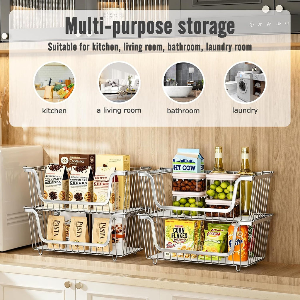 4 Pcs Stackable Wire Baskets for Pantry Organizers and Storage,silver