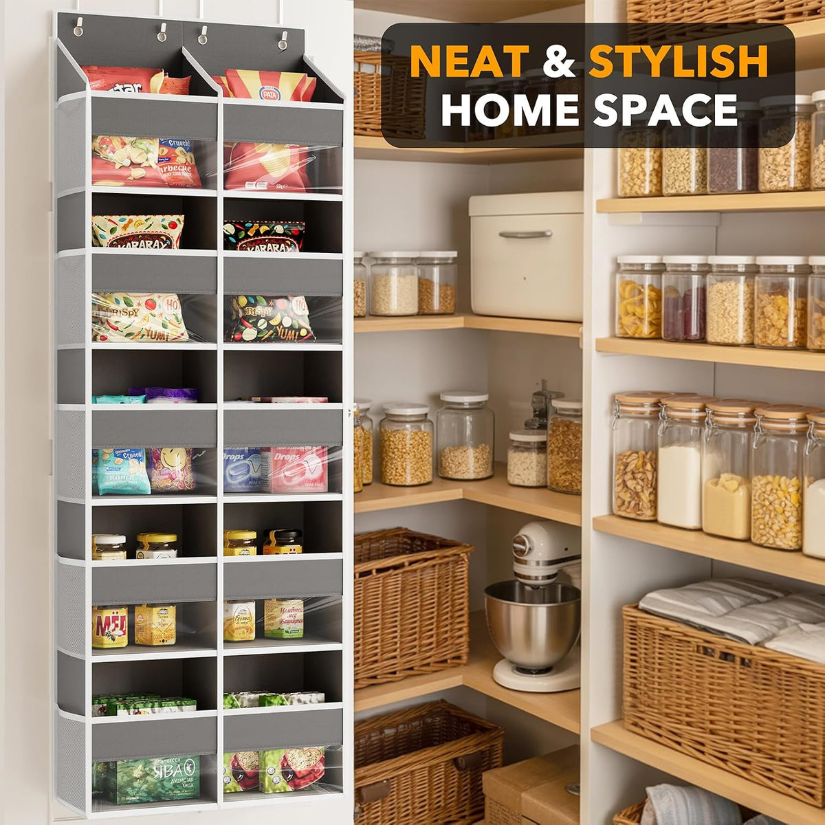 SpaceAid Extra Large Over The Door Organizer with 10 Large Pockets and 10 Mesh Side Pockets, 5 Layers Door Organizer Hanging with Clear Window for Bedroom, Bathroom, Pantry and Nursery, Gray