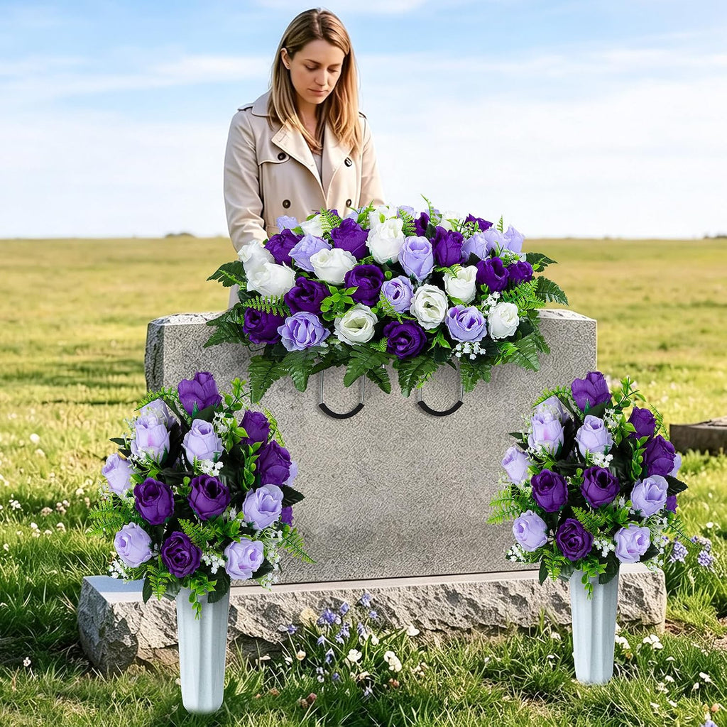 XONOR Artificial Cemetery Flower Saddles, Cemetery Memorial Flowers with Vase for Grave Tombstone Decorations (Purple White)
