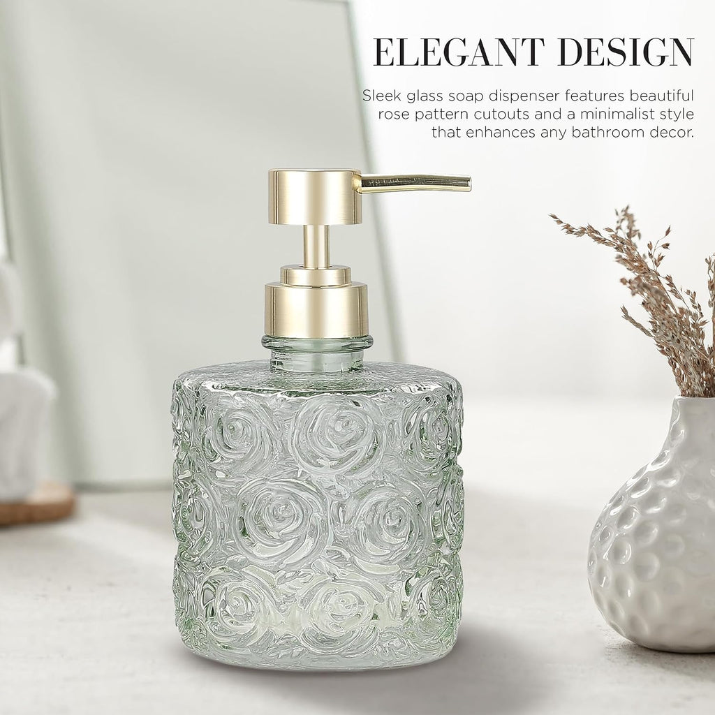Marcella Glass Soap Dispenser with Soap Pump, Refillable 14 Ounce Capacity, Floral Design Rose Patterns, Heavy Weight Thick Glass for Bathroom, Premium Kitchen Soap Dispenser Reseda Sage
