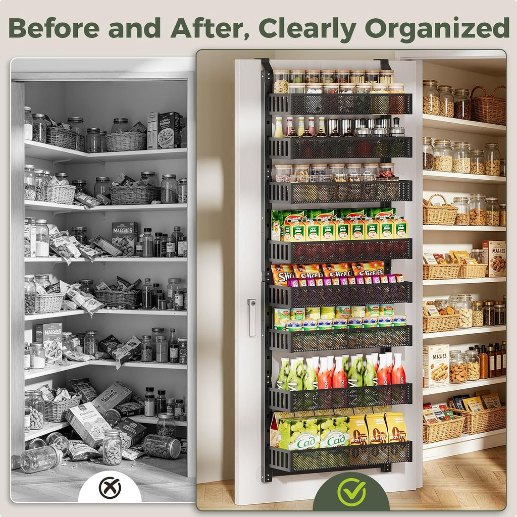 POKIPO 8-Tier Over the Door Pantry Organizer, 2 IN 1 Wall Mount or Hanging Spice Rack with Adjustable Raised Basket, Heavy Duty Back of Door Storage for Kitchen Bathroom Laundry Room