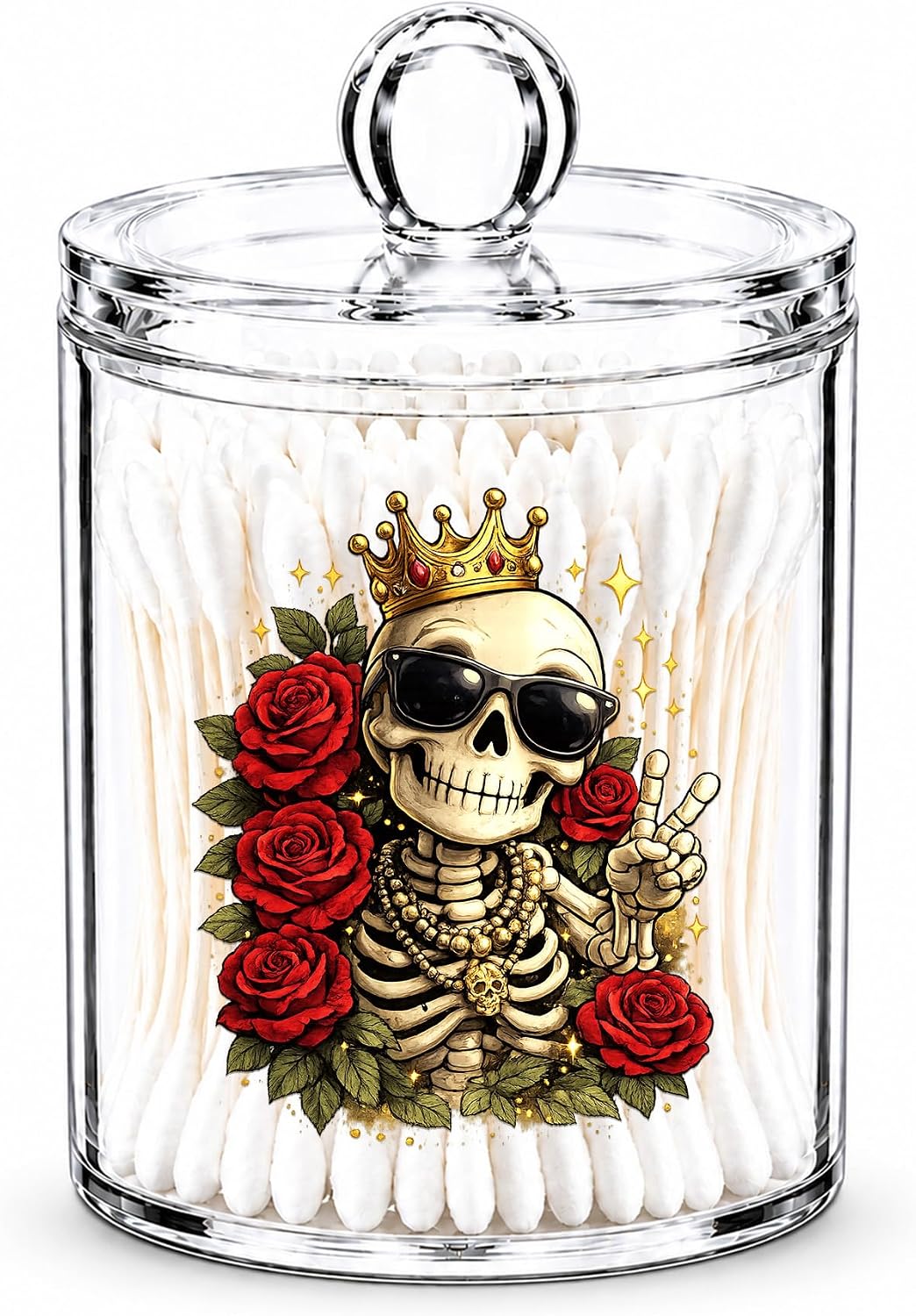 Gothic Skull Cotton Swab Holder with Lid Clear Acrylic Canister