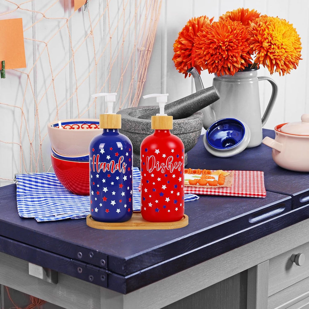 FYSUIMU 2 Pcs Patriotic Soap Dispenser Glass Soap Dispenser with Pump Red Blue Star Refillable Liquid Container for 4th of July Independence Day Hands Dishes Party Home Kitchen Bathroom Decor