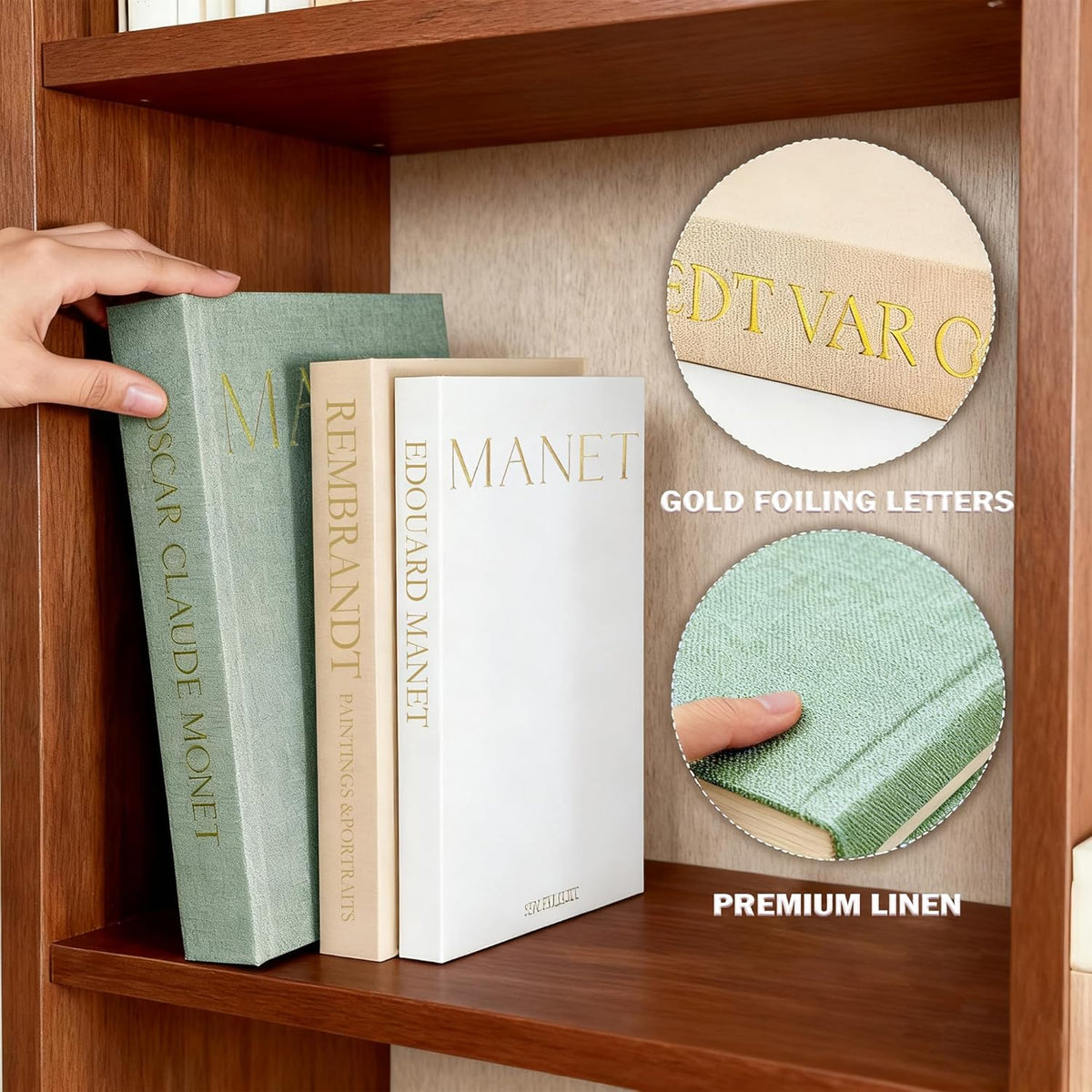 Aesthetic Decorative Books, Set of 3 Linen Faux Book Boxes, Sage