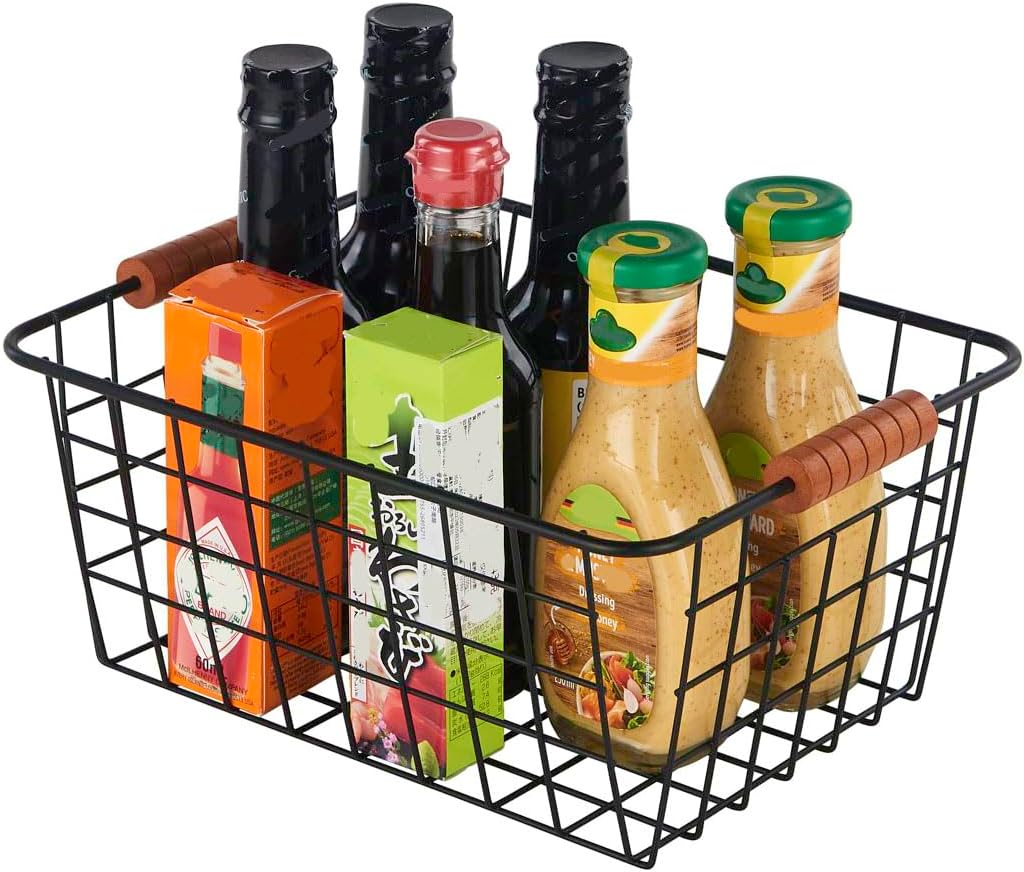 JUNCHU CHERRY Wire Kitchen Storage Basket 2 Packs,Perfect Pantry Organization Accessories Baskets,Laundry Basket,With a Wooden handle,Suitable for Kitchen,Bathroom,Bedroom,Tabletop,Stackable,Black