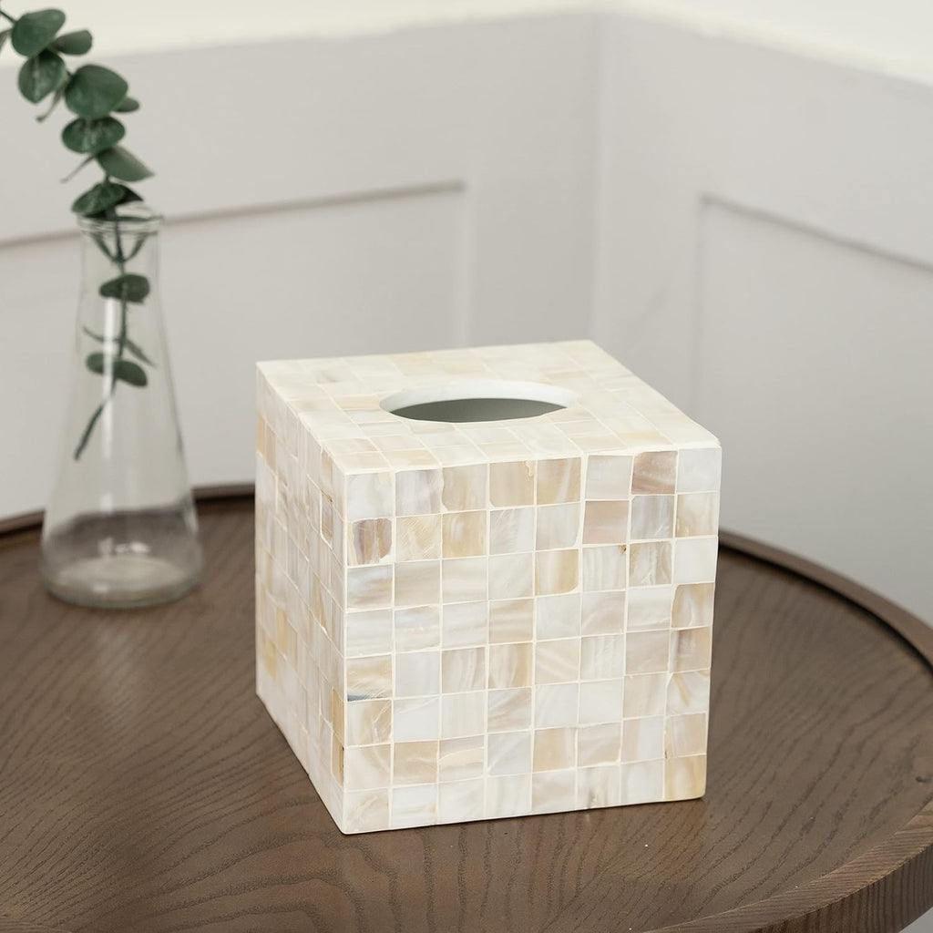 Tissue Box Cover - Mosaic Mother of Pearl Inlay Tissue Box Holder - Tissue Box Cover Square 5.9 x 5.9 x 5.9 in - Decorative Bathroom, Bedroom or Office (White)