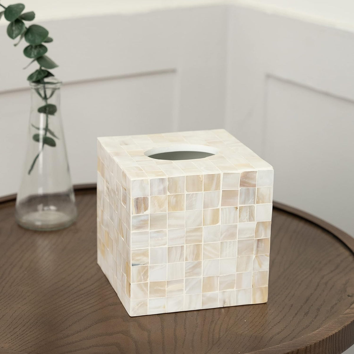 Tissue Box Cover - Mosaic Mother of Pearl Inlay Tissue Box Holder - Tissue Box Cover Square 5.9 x 5.9 x 5.9 in - Decorative Bathroom, Bedroom or Office (White)