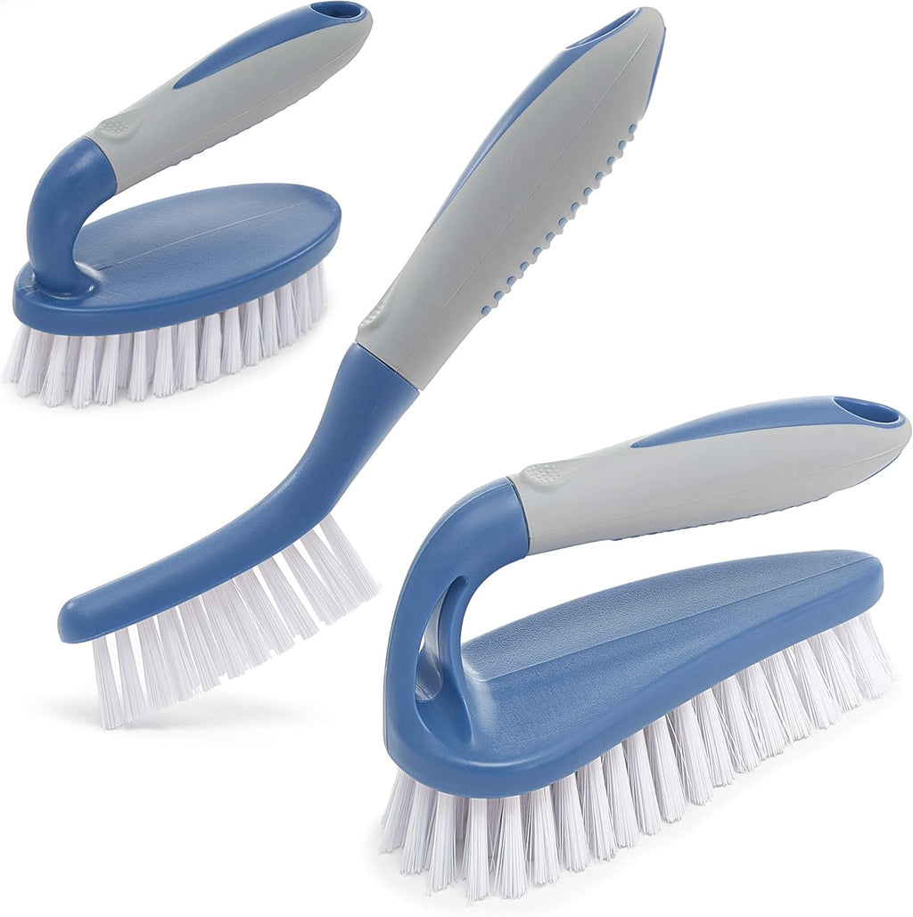 Scrub Brush Set of 3pcs - Cleaning Shower Scrubber with Ergonomic Handle and Durable Bristles - Grout Cleaner Brush - Scrub Brushes for Cleaning Bathroom/Shower/Tile/Kitchen/Floor/Bathtub/Carpet, Blue