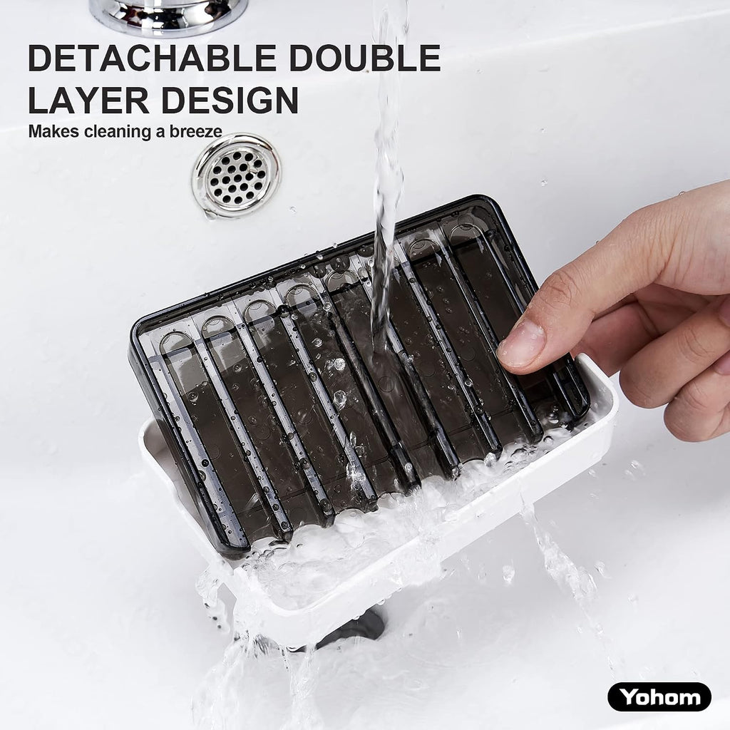 YOHOM Adhesive Bar Soap Holder for Shower Wall Hanging Soap Dish with Drain Tray Plastic Stick on Bathroom Sink Soap Holder 2PCS