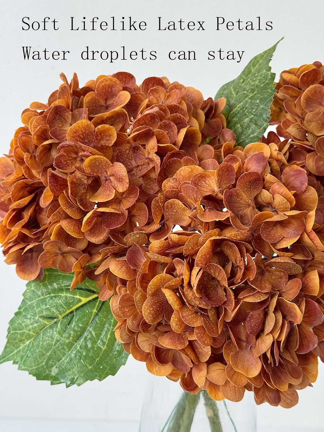 YalzoneMet 3 Pcs Orange Brown Hydrangea Artificial Flowers 21‘’ Real Touch Latex Hydrangea Fake Flowers for Fall Home Decor Party Kitchen Bedroom Bronze Vintage Flower Table Centerpieces