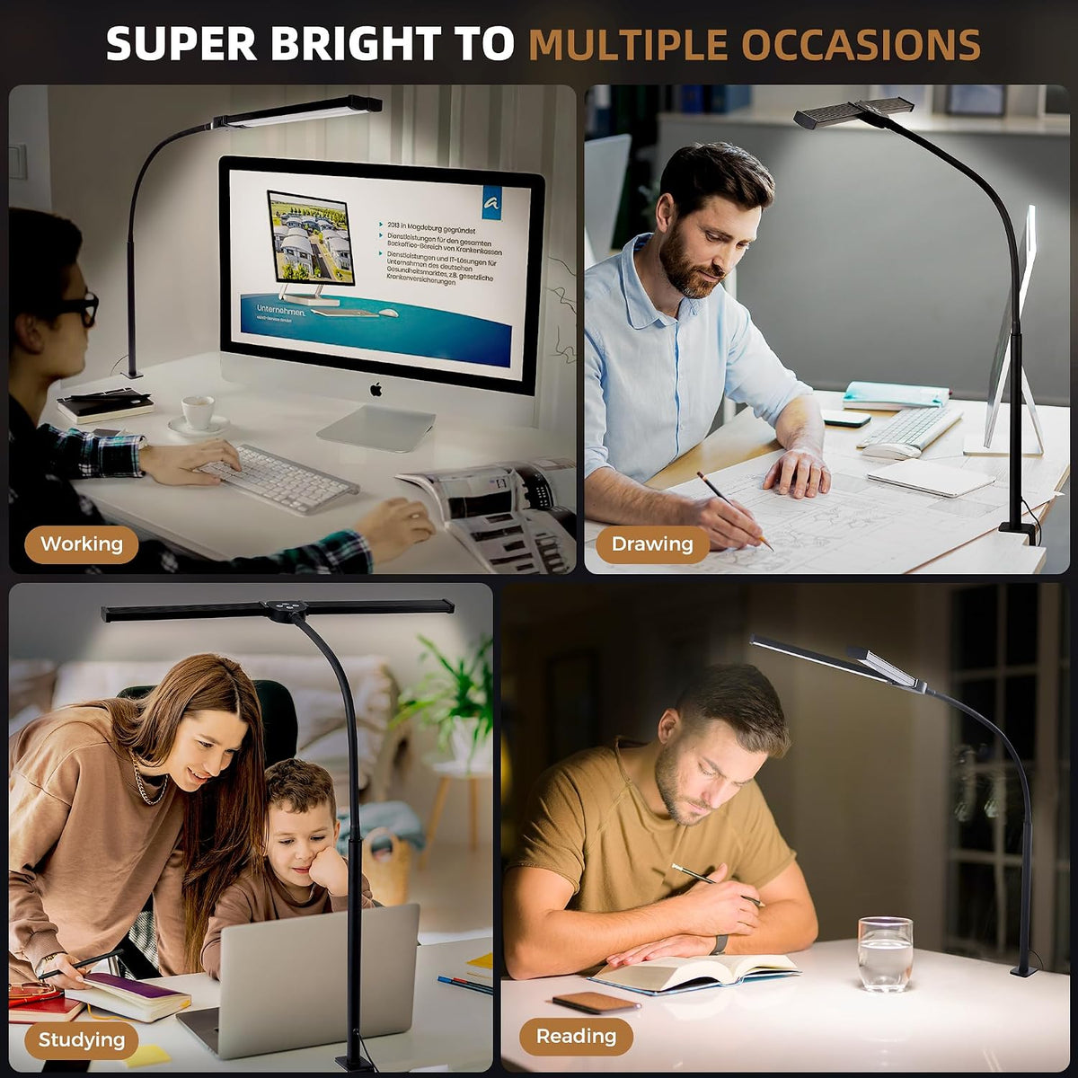 Motumen Led Desk Lamp for Home Office, Eye-Care Desk Light Clamp, Black