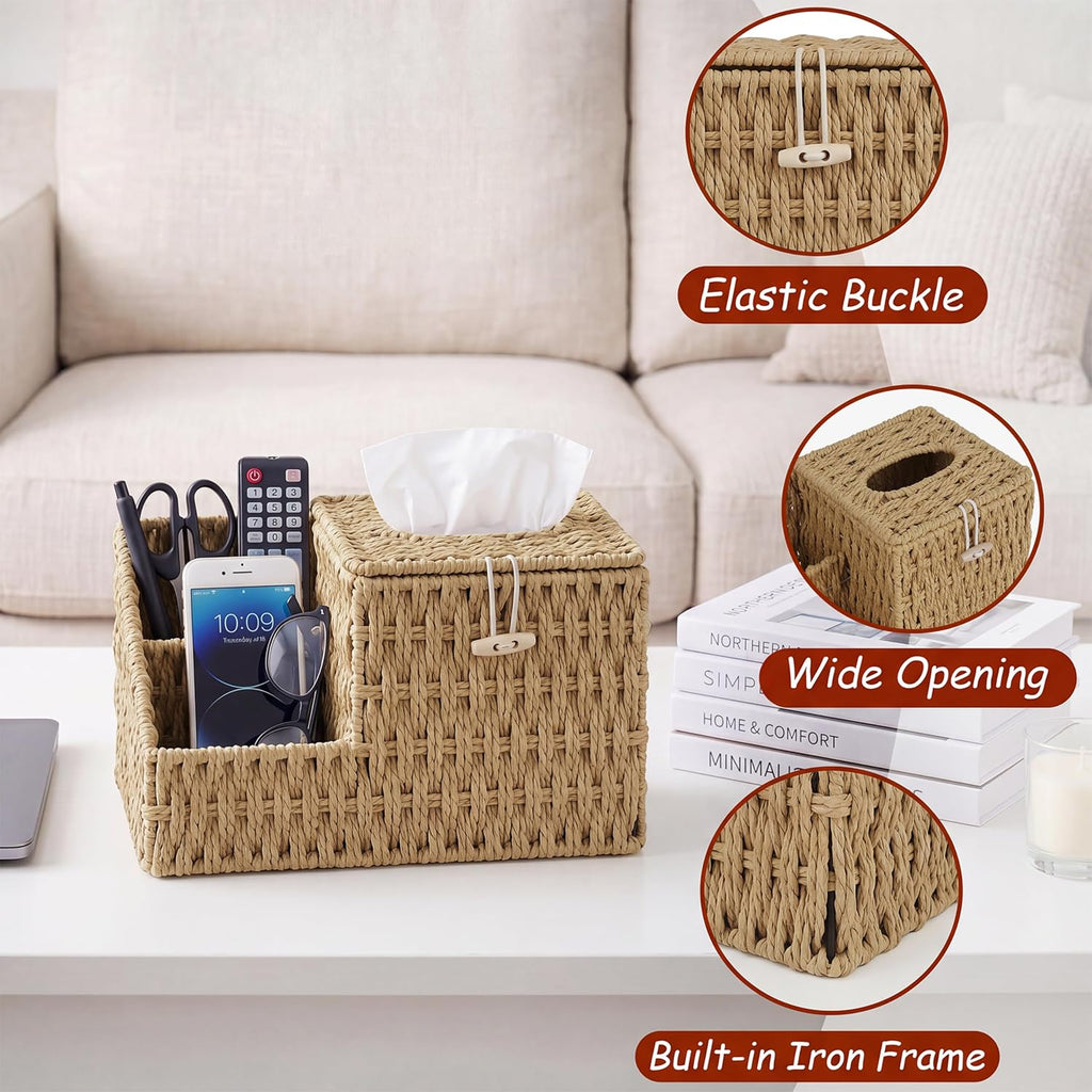Tissue Box Cover with Storage, Wicker Paper Rope Square Tissue Box Holder