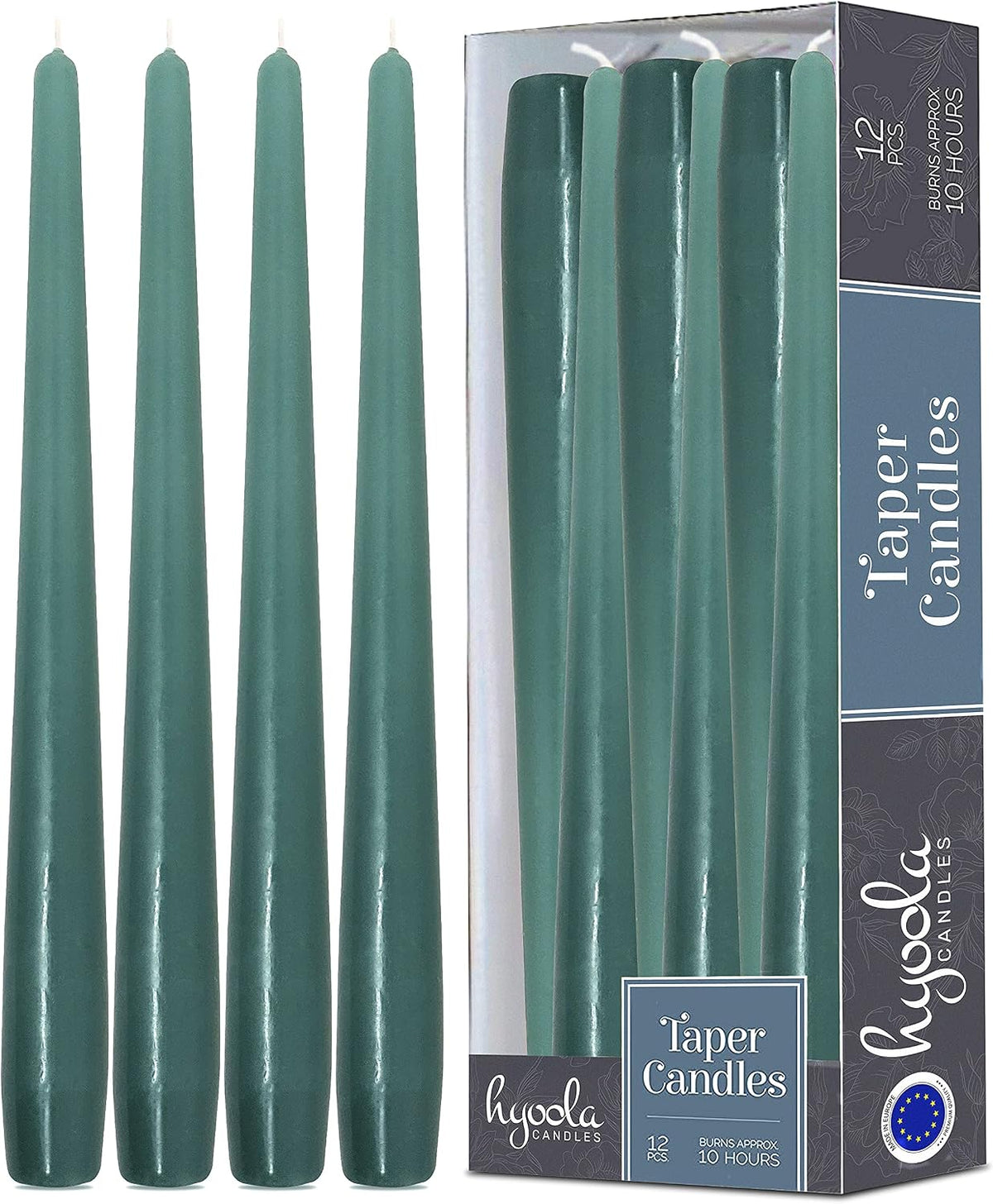 Hyoola Tall Taper Candles - 12 Inch Sage Green Unscented Dripless Taper Candles - 10 Hour Burn Time - 12 Pack