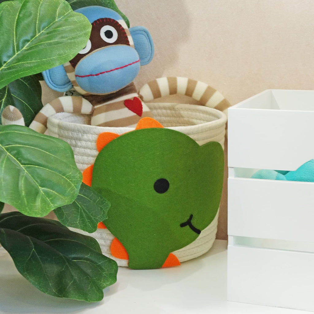 T&T Homewares Small Cotton Rope Baskets with Dianosaur Theme Design for Baby Diaper Organizer, Nursery Storage, Nursery Room Decor, Kids Room Organizer, Cat Dog Toy Storage (Small Dinosaur)