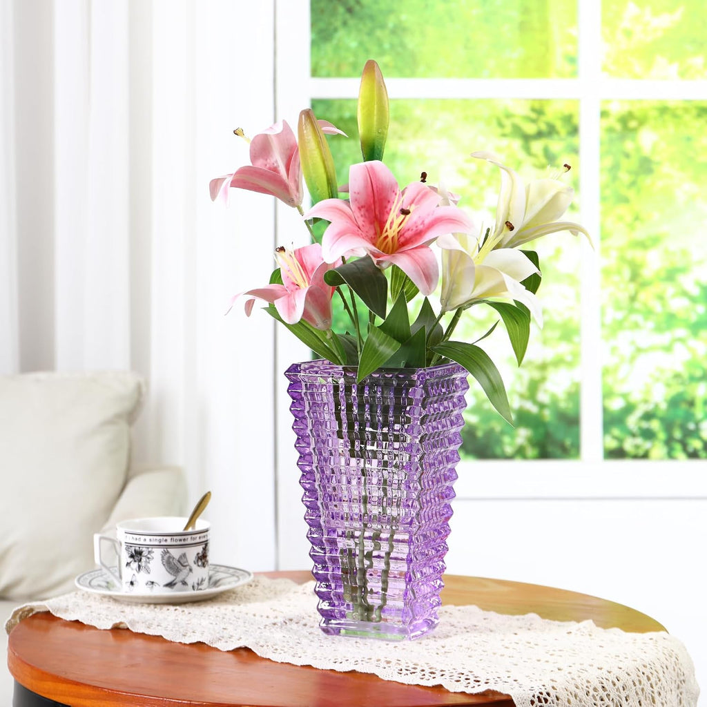 Crystal Vase, Large Crystal Vases for Flowers, Purple Large Flower Vase, Modern Glass Vases for Living Room, Bedroom, Kitchen, Dining Table, Mantle, Wedding, 9 Inches