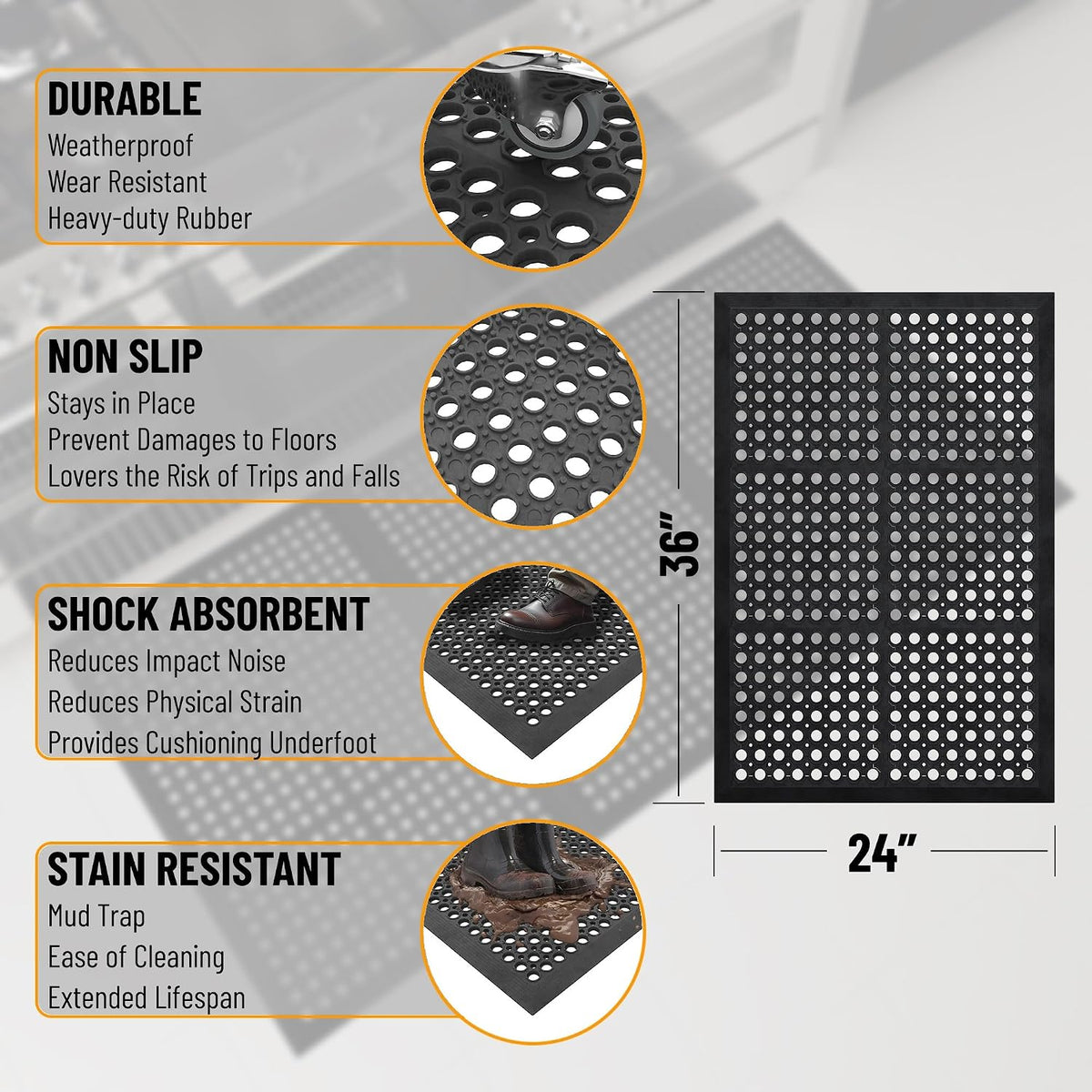 Ottomanson Heavy Duty Rubber Floor Mat – Non-Slip, Waterproof, Easy to Clean – Anti-Fatigue Mat for Commercial Kitchens, Restaurants, Workshops – Oil Resistant, Hose Washable – 24" x 36", Black