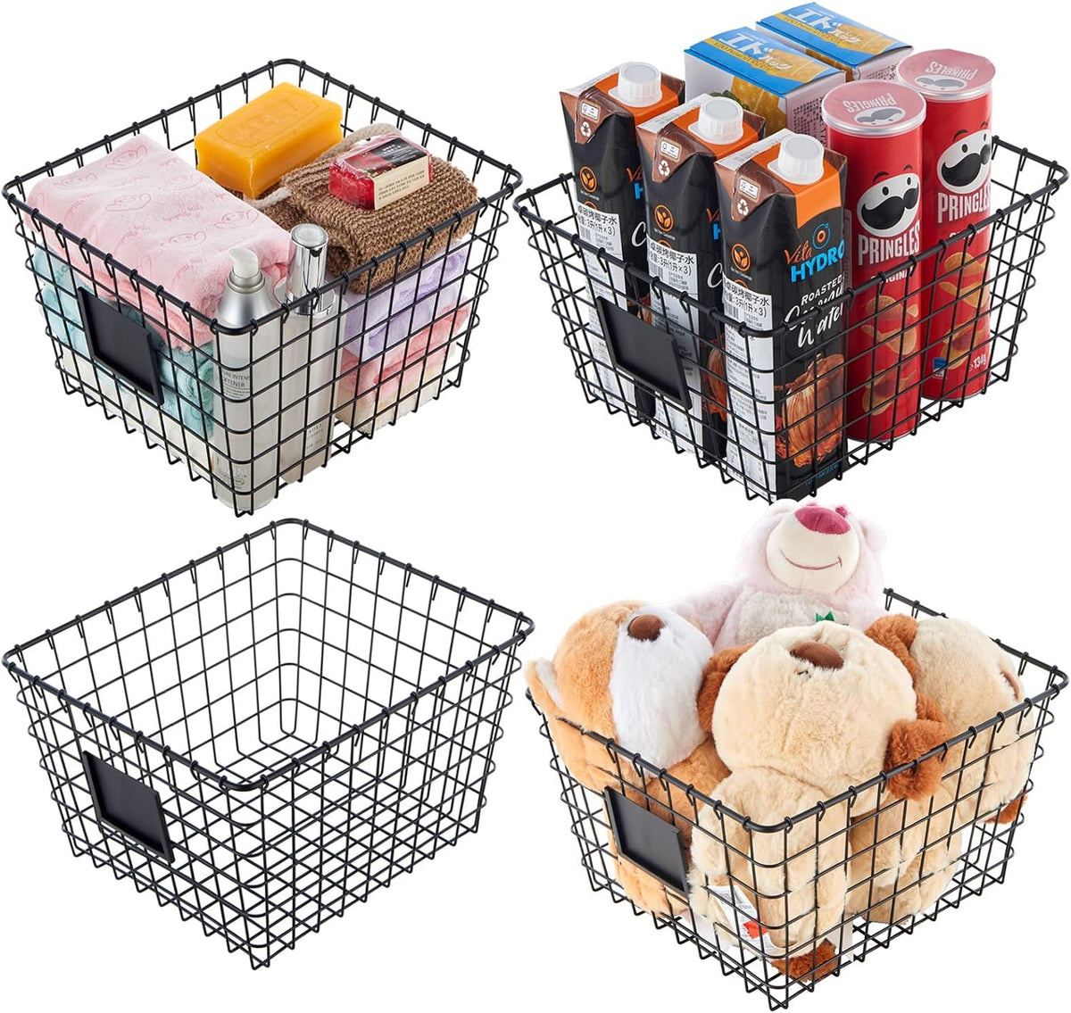 JUNCHU CHERRY 4 Pack【Large】 Wire Handmade Storage Basket for Organizing Household Goods,Pantry Organization,Bathroom countertop,Laundry,Wardrobe Storage Basket,Black