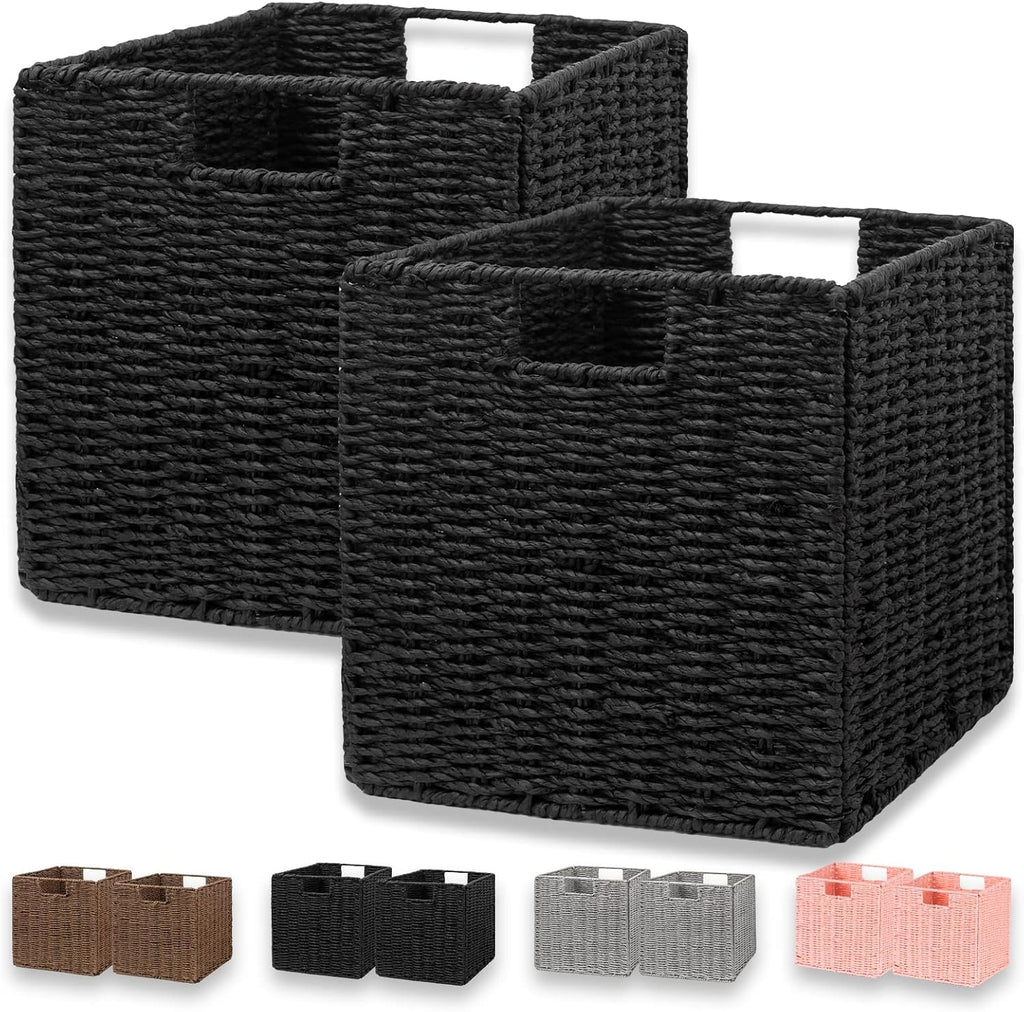 Vagusicc Wicker Storage Basket, Set of 2 Hand-Woven Wicker Basket, Foldable Cube Storage Bin, Black Storage Basket, Square Storage Baskets for Organizing Shelves & Decor, Black (11″×11″×11″)