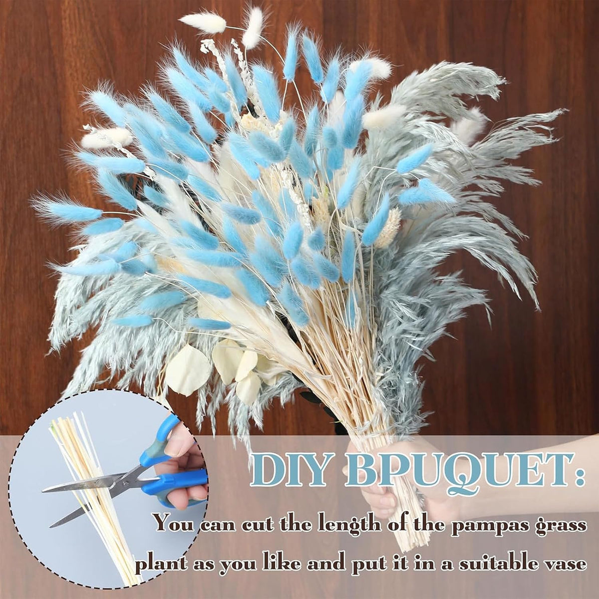 Blue Bunny Tails Dried Grass 120Pcs 17" for Boho Wedding Vase Decor