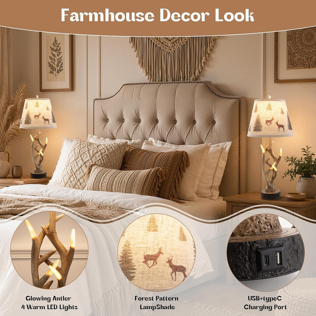 Dungoo 26" Rustic Antler Table Lamp Set of 2 for Bedroom with USB- C Port