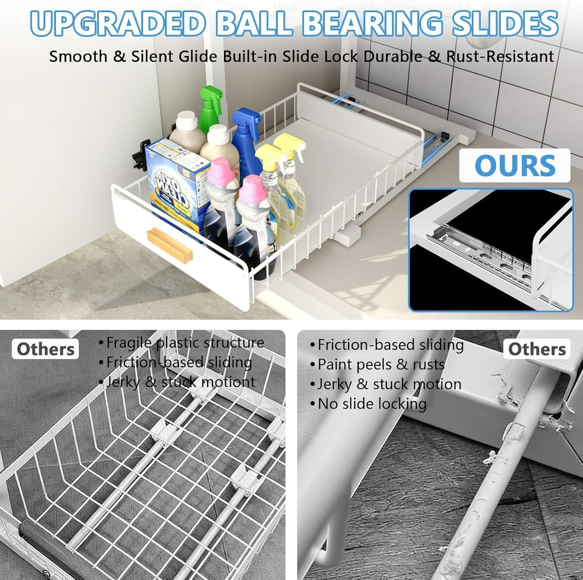 Under Sink Organizer Kitchen - Upgraded Professional Rails, 2 Tier Dual Pull Out Cabinet Storage, Height Adjustable Under Sink Storage, Metal Sliding Drawer for Kitchen & Bathroom, White, 1 Pack