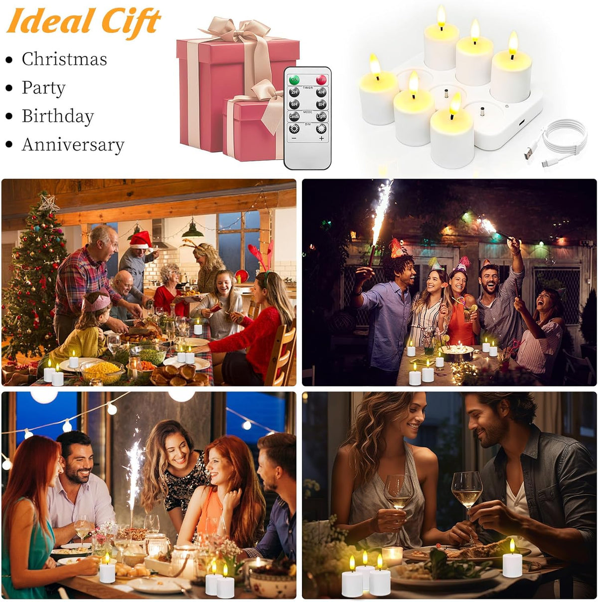 6 Pack Rechargeable Tea Lights Flameless Candles with Remote & Timer