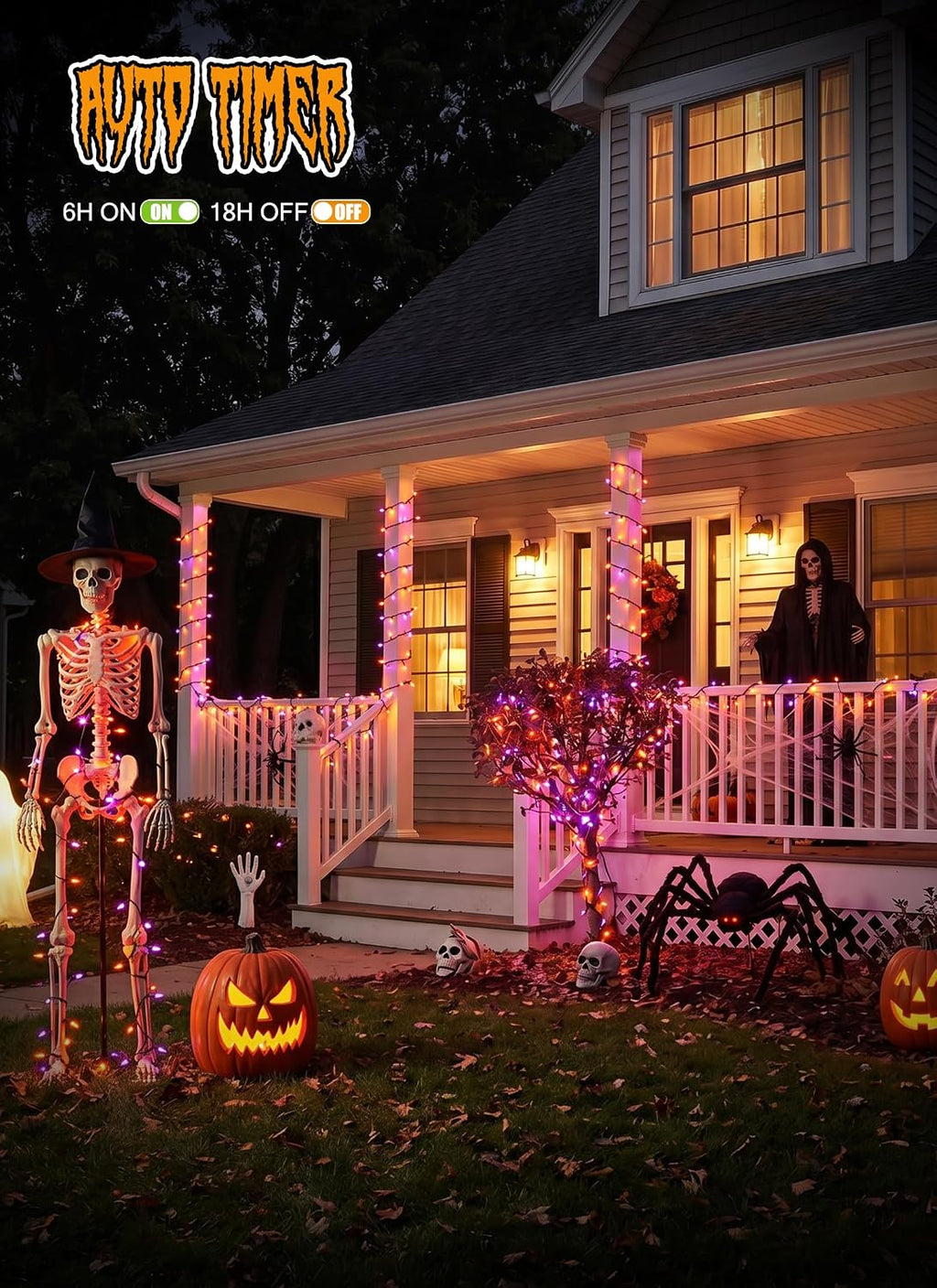 4 Pack 200LED 64FT Purple Orange Halloween String Lights, Battery Operated