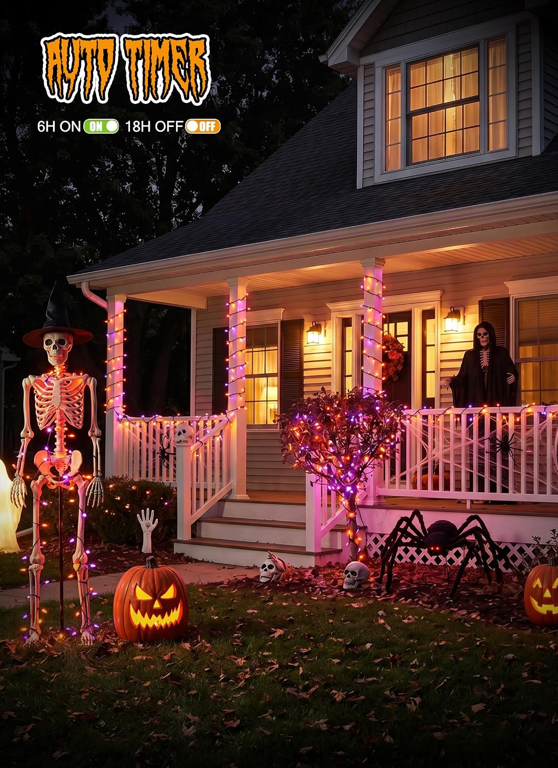 4 Pack 200LED 64FT Purple Orange Halloween String Lights, Battery Operated