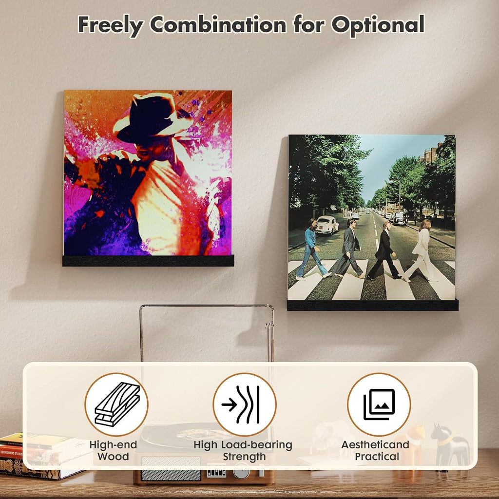 Emfogo Vinyl Record Shelf Wall Mount, 6 Pack Album Record Holder Wall, 12 inch Vinyl Record Storage Shelves Wall, Wood Record Display for Living Room(Black)