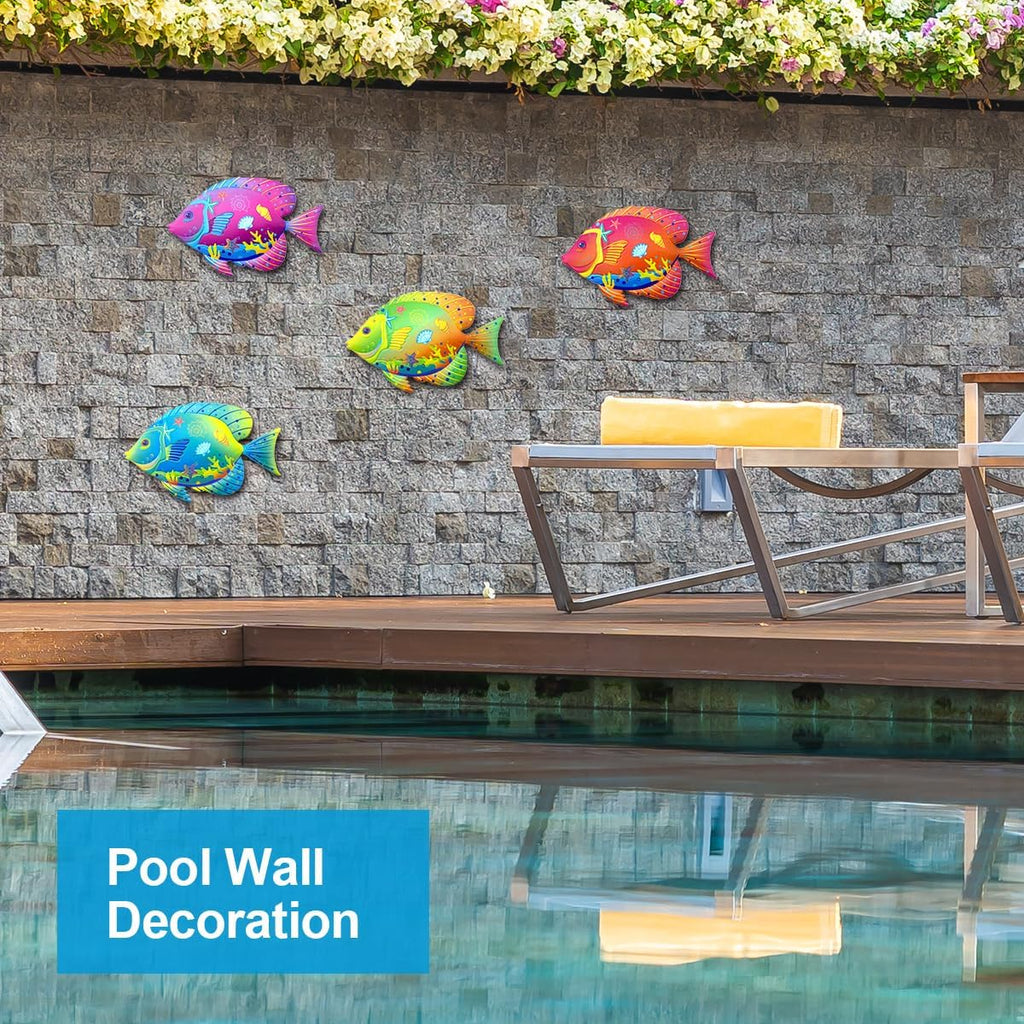 Oraytteo Metal Fish for Pool Decor, 4 Pack Fishes Wall Art Hanging Decorations for Barthroom Fence Patio Beach Home Decor, Indoor or Outdoor Decor