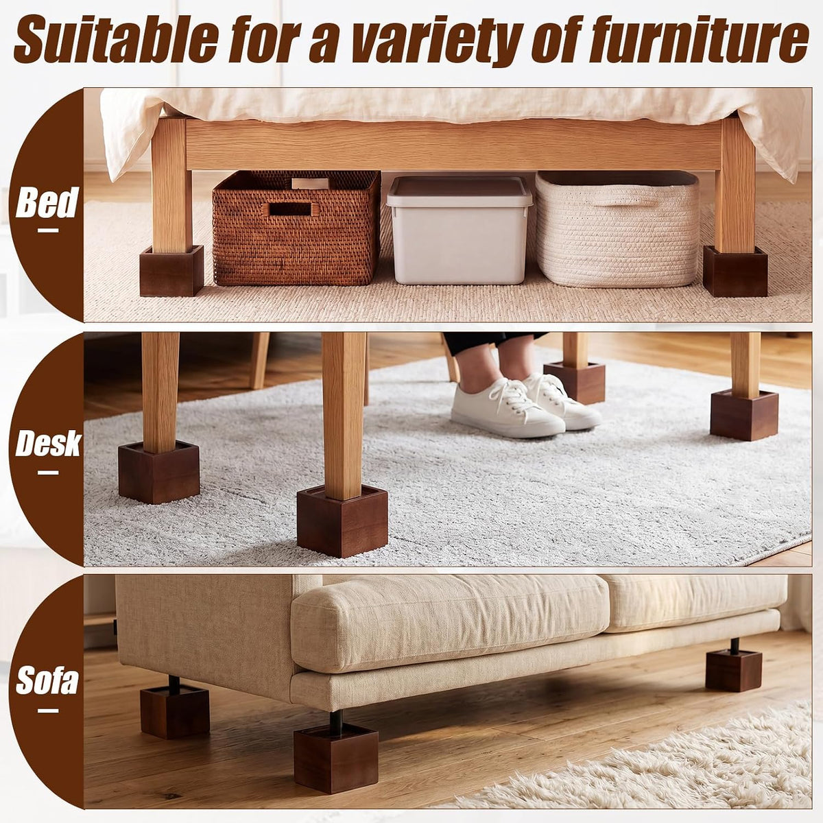 4 Pcs 3"Solid Wood Bed Furniture Riser Vintage Color Couch Lifter