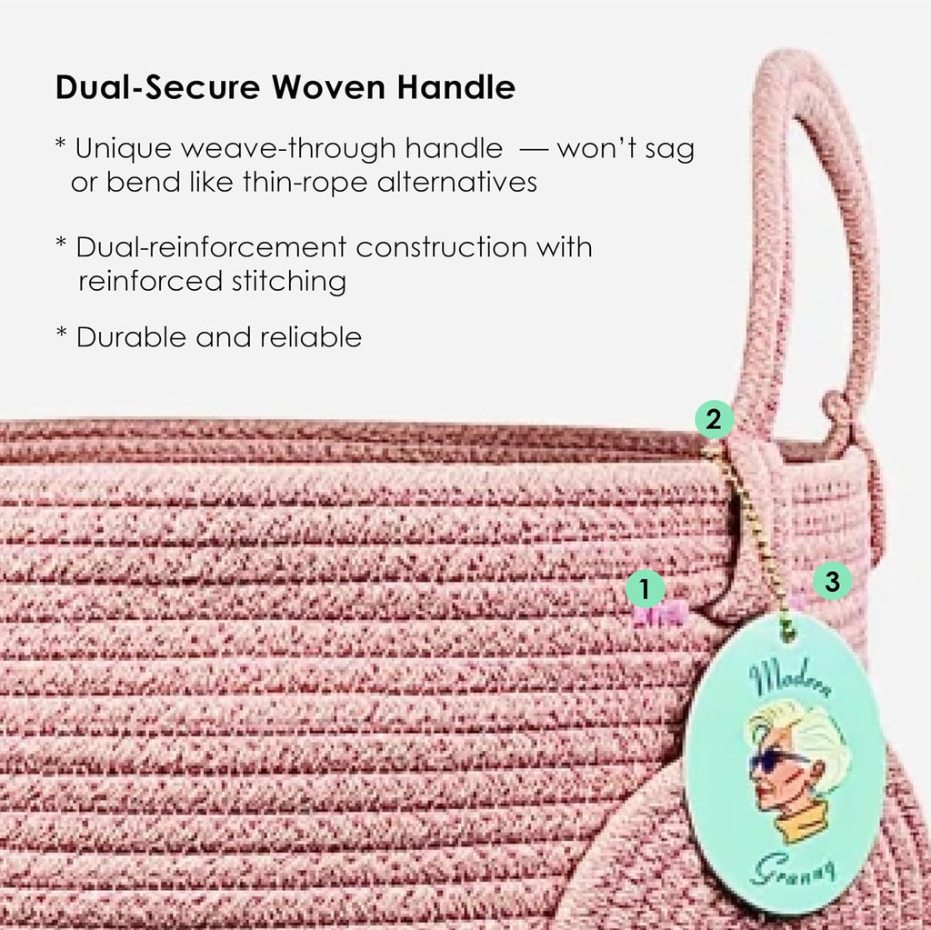 Modern Granny Large Cotton Rope Laundry Hamper 15x20 Inch Dual Secure Woven Handle for Living Room Closet Clothes Blanket Organization